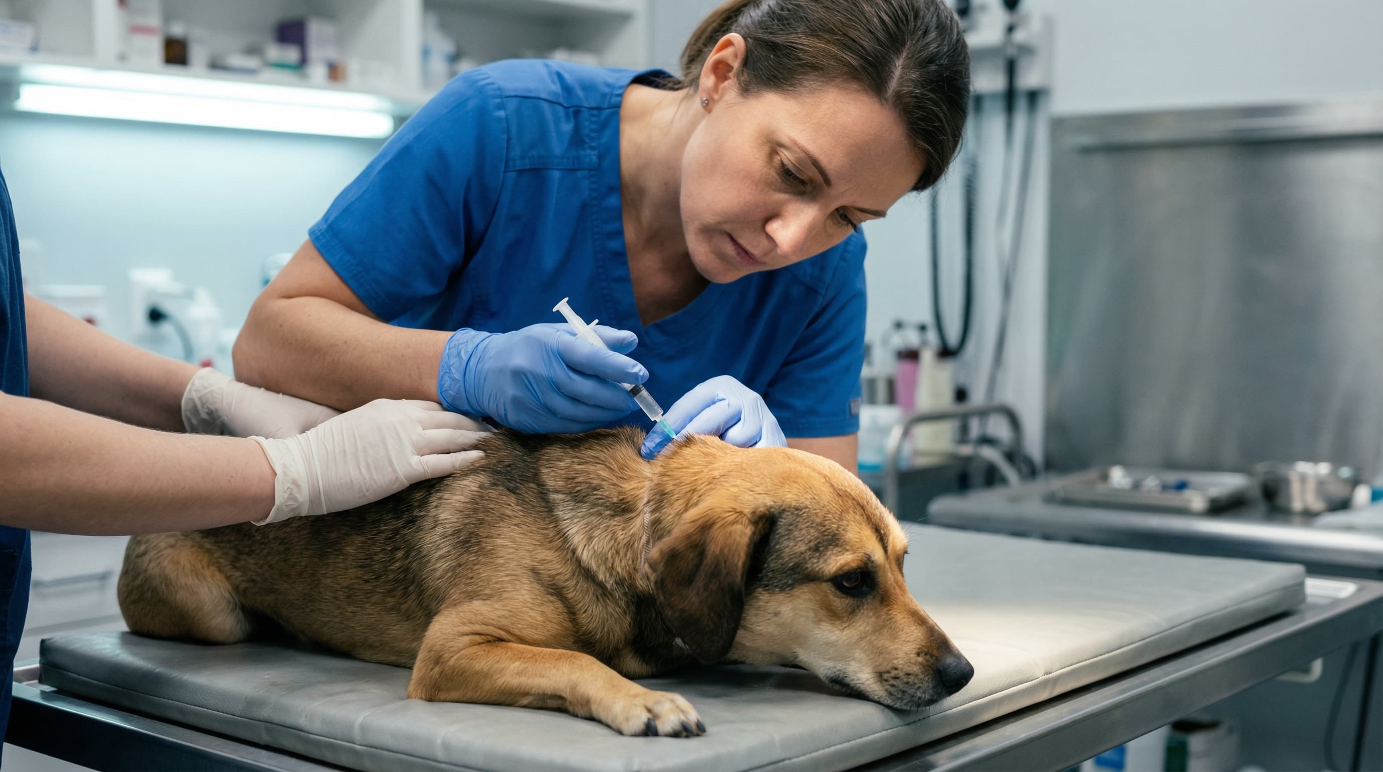 Veterinarian implanting an ISO microchip between a mixed-breed dog's shoulder blades on a padded exam table