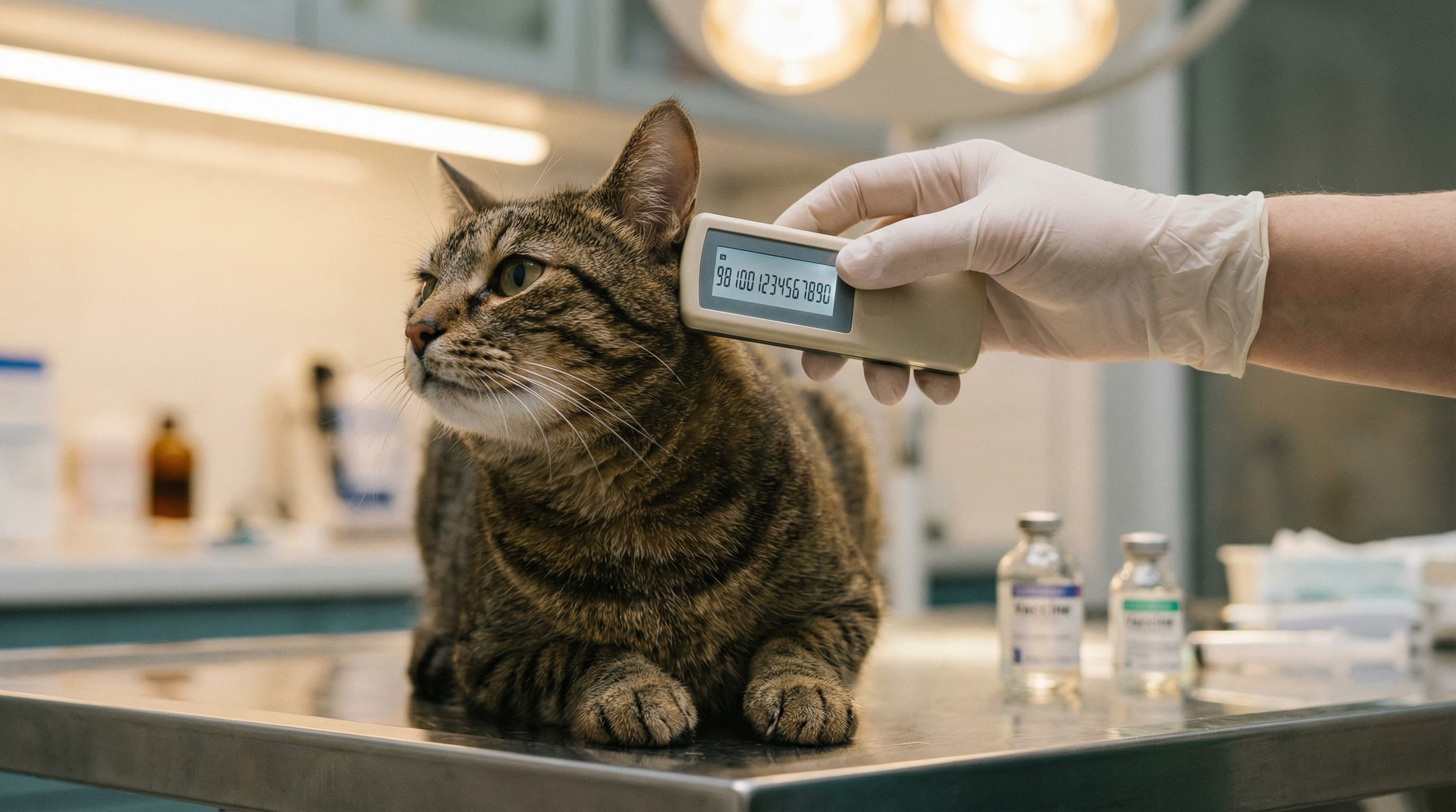Veterinarian holding a microchip reader behind a tabby cat's ear, display showing a 15-digit ISO number