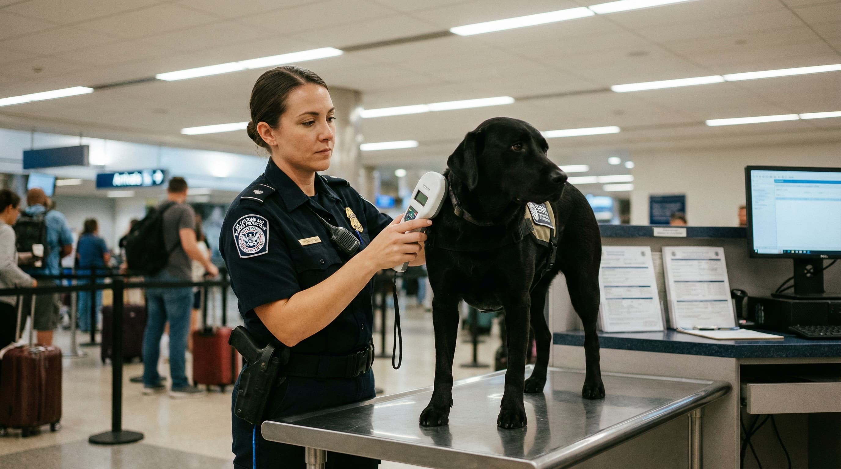 Customs inspector scanning a Labrador's microchip with a handheld RFID reader at an airport arrivals inspection table
