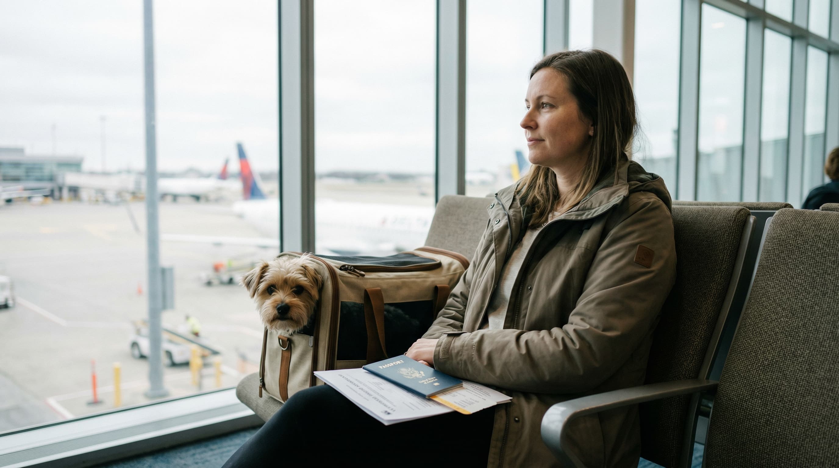 Pet owner at an international airport departure gate with a small dog in a soft-sided carrier, travel documents on the seat beside her, calm and organized before boarding