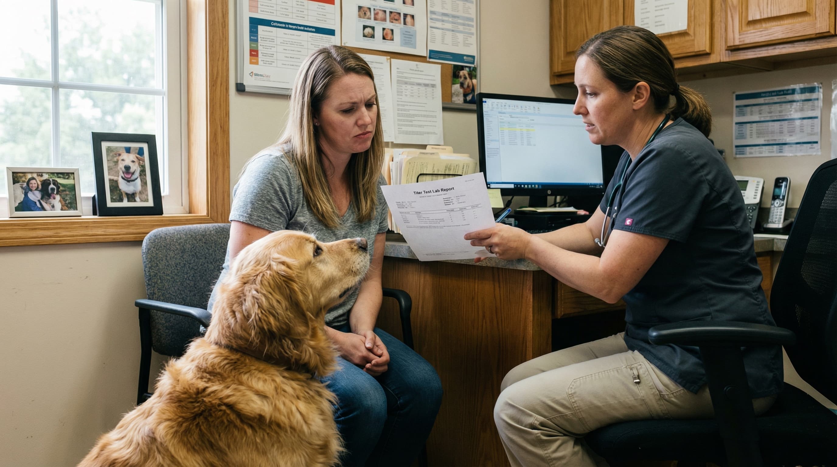 Worried pet owner reviewing a failed titer test report with a vet, golden retriever sitting patiently at her feet