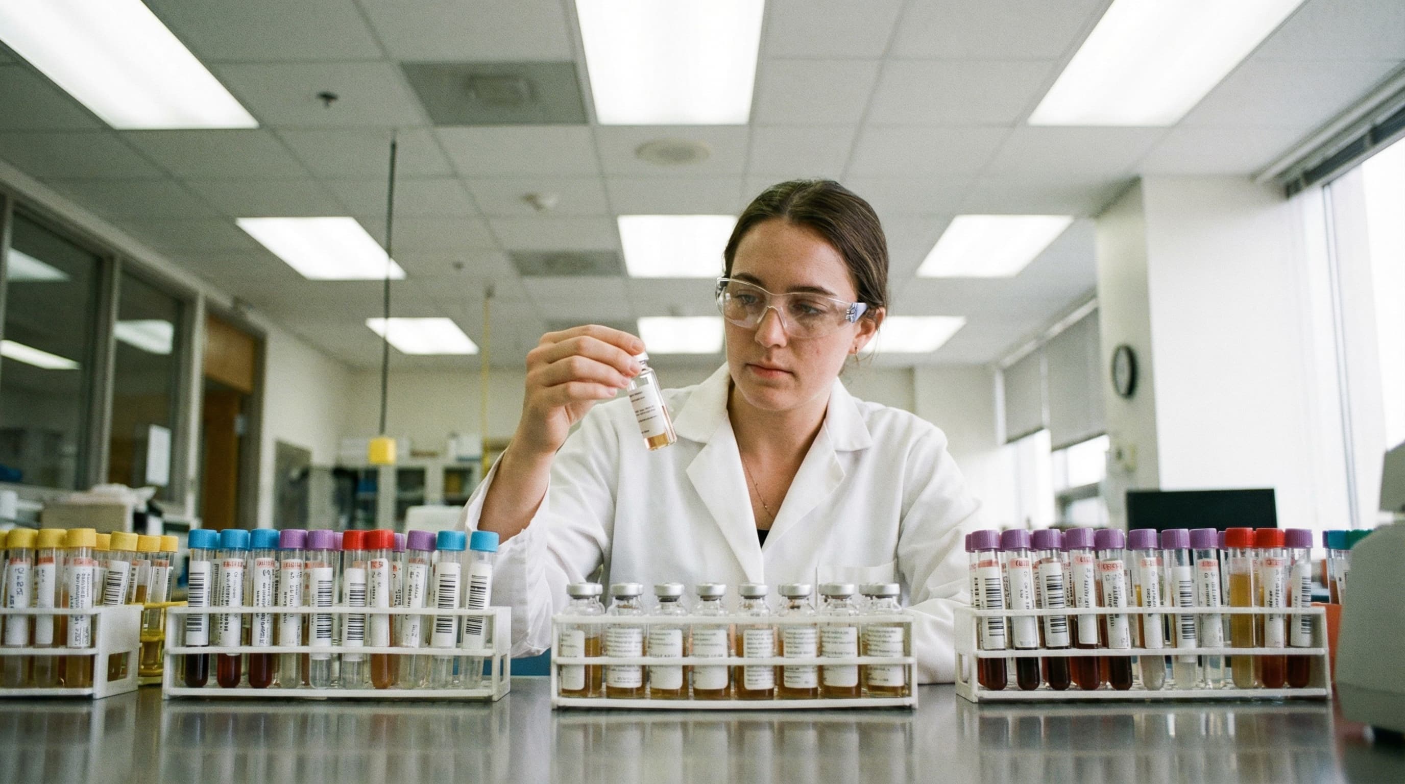 Laboratory scientist examining a rack of serum vials under fluorescent lights in a university research lab