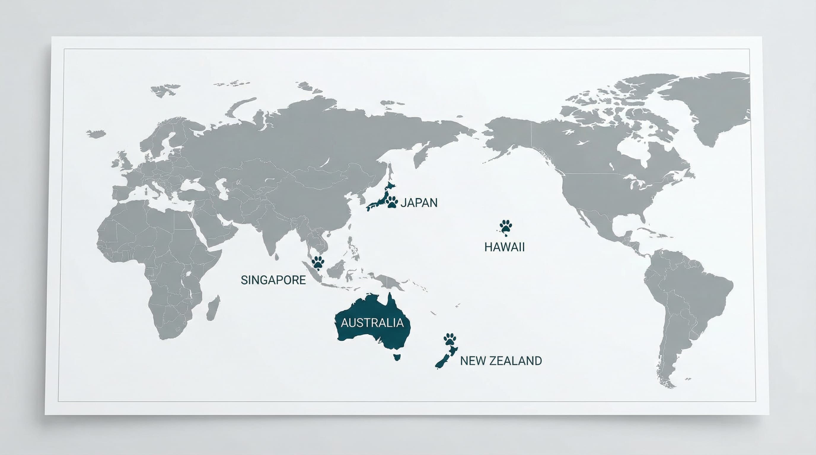 World map highlighting countries that require a rabies titer test — Japan, Australia, New Zealand, Singapore, and Hawaii marked in teal