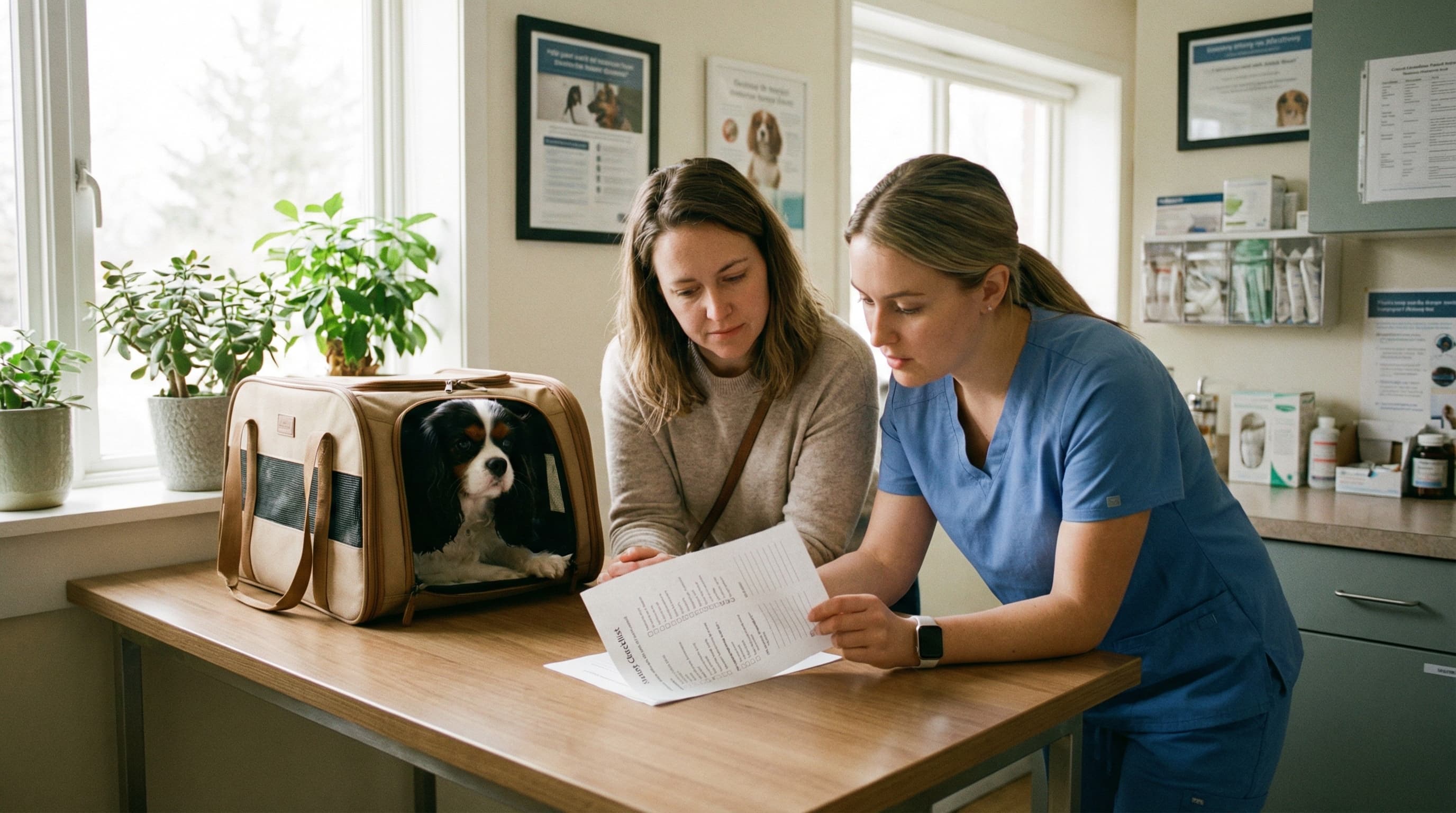 Pet owner and vet technician reviewing titer test pre-travel checklist at clinic desk, Cavalier King Charles Spaniel in soft carrier on the counter