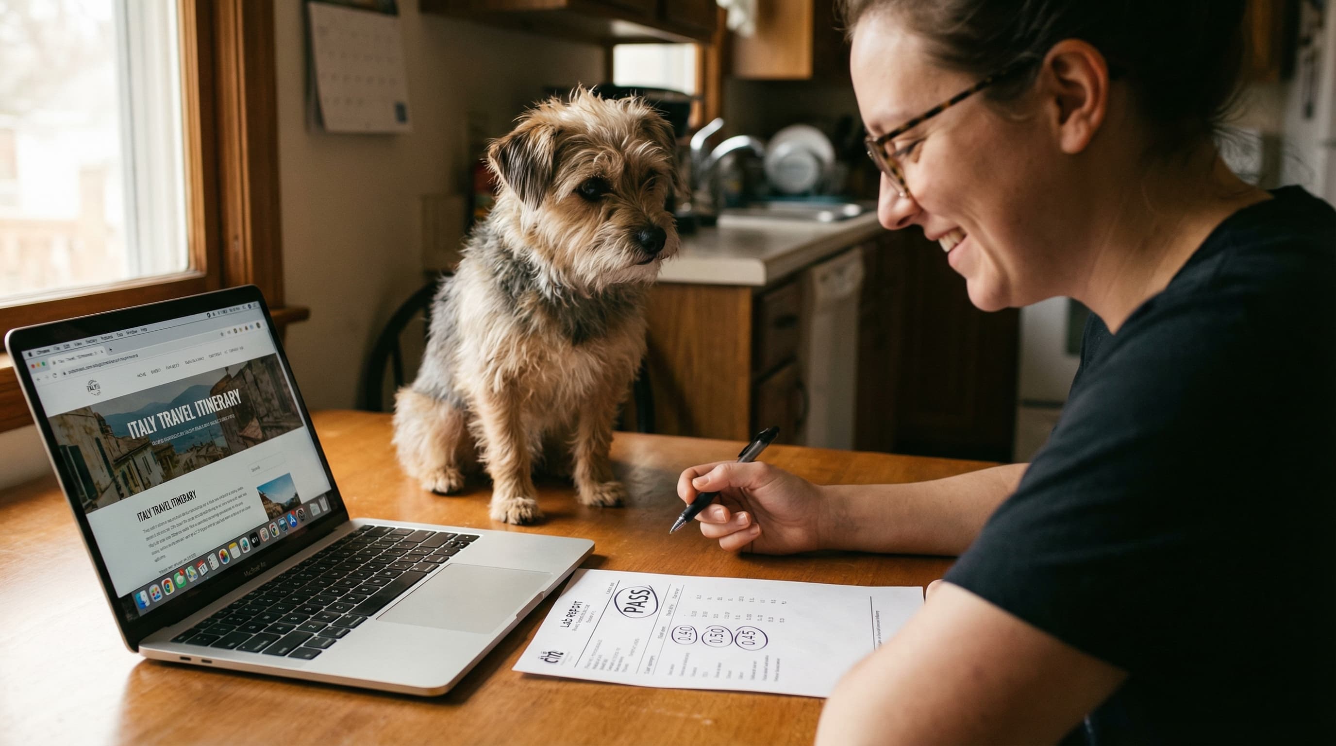 A pet owner at a kitchen table reviewing a passing rabies titer test lab report, laptop open to a travel itinerary, small terrier mix sitting beside her, natural window light