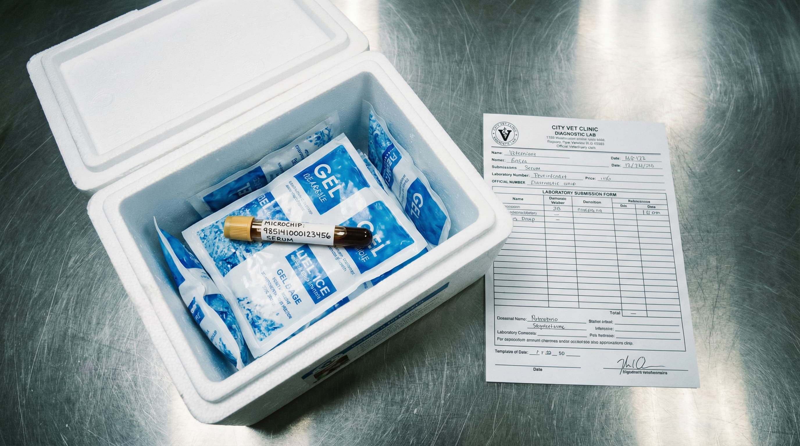 Labeled serum tube on ice in shipping box beside completed lab submission form, overhead view at vet clinic counter