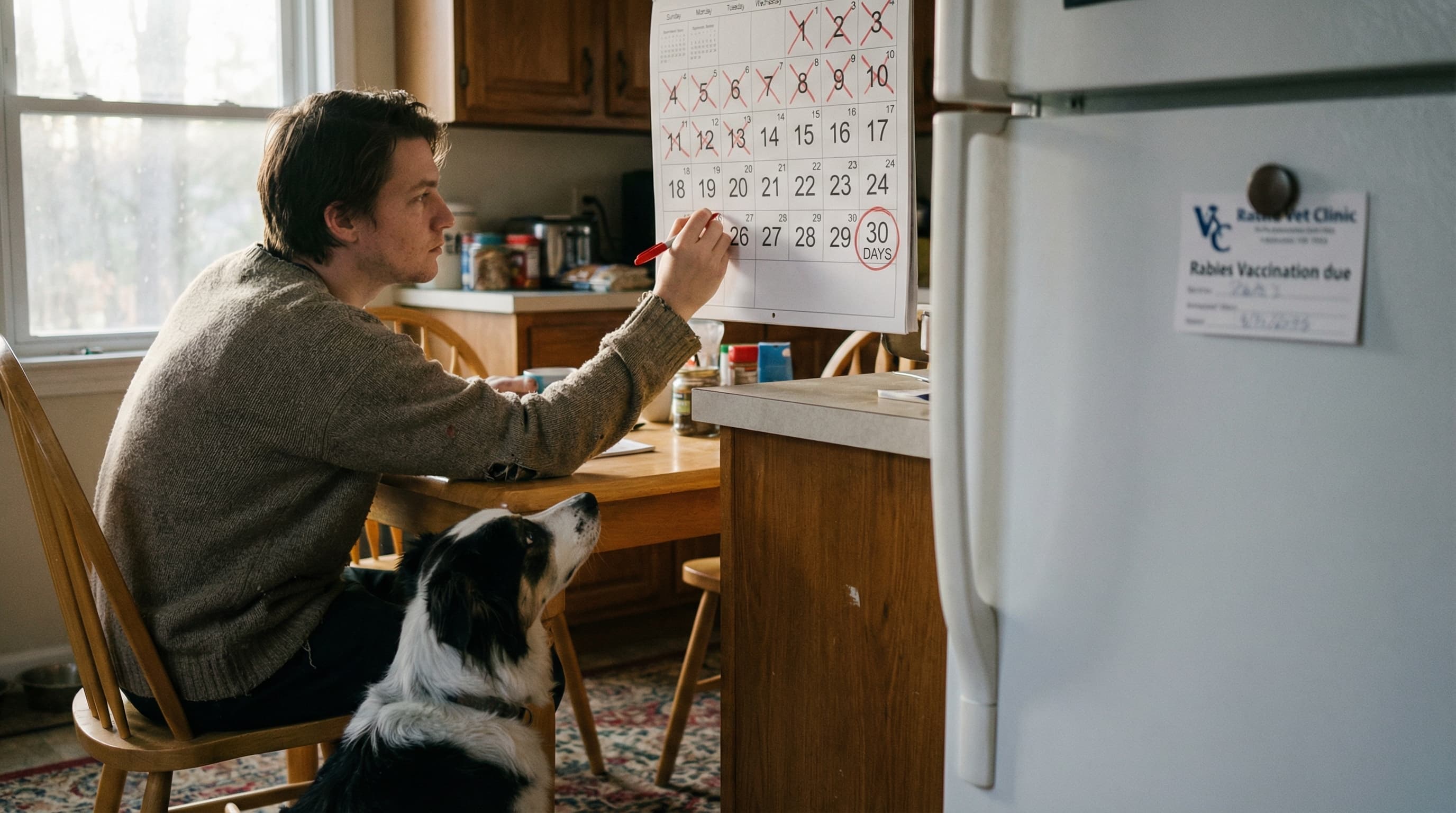 Pet owner marking a date on a wall calendar, counting down 30 days after rabies vaccination, border collie mix sitting on the kitchen floor nearby