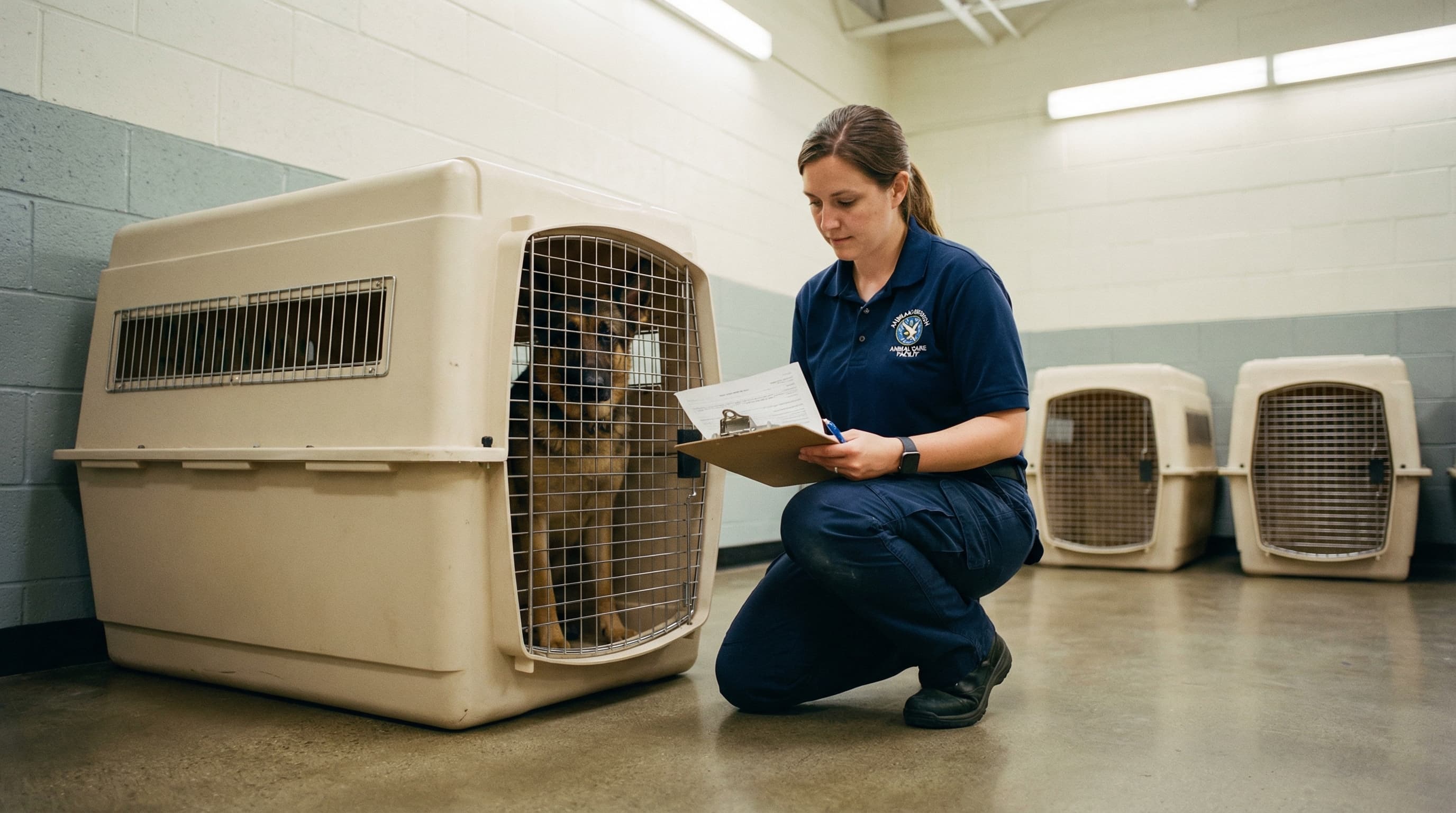 ACF facility staff reviewing paperwork beside hard-sided airline crate with German shepherd at a CDC-registered Animal Care Facility