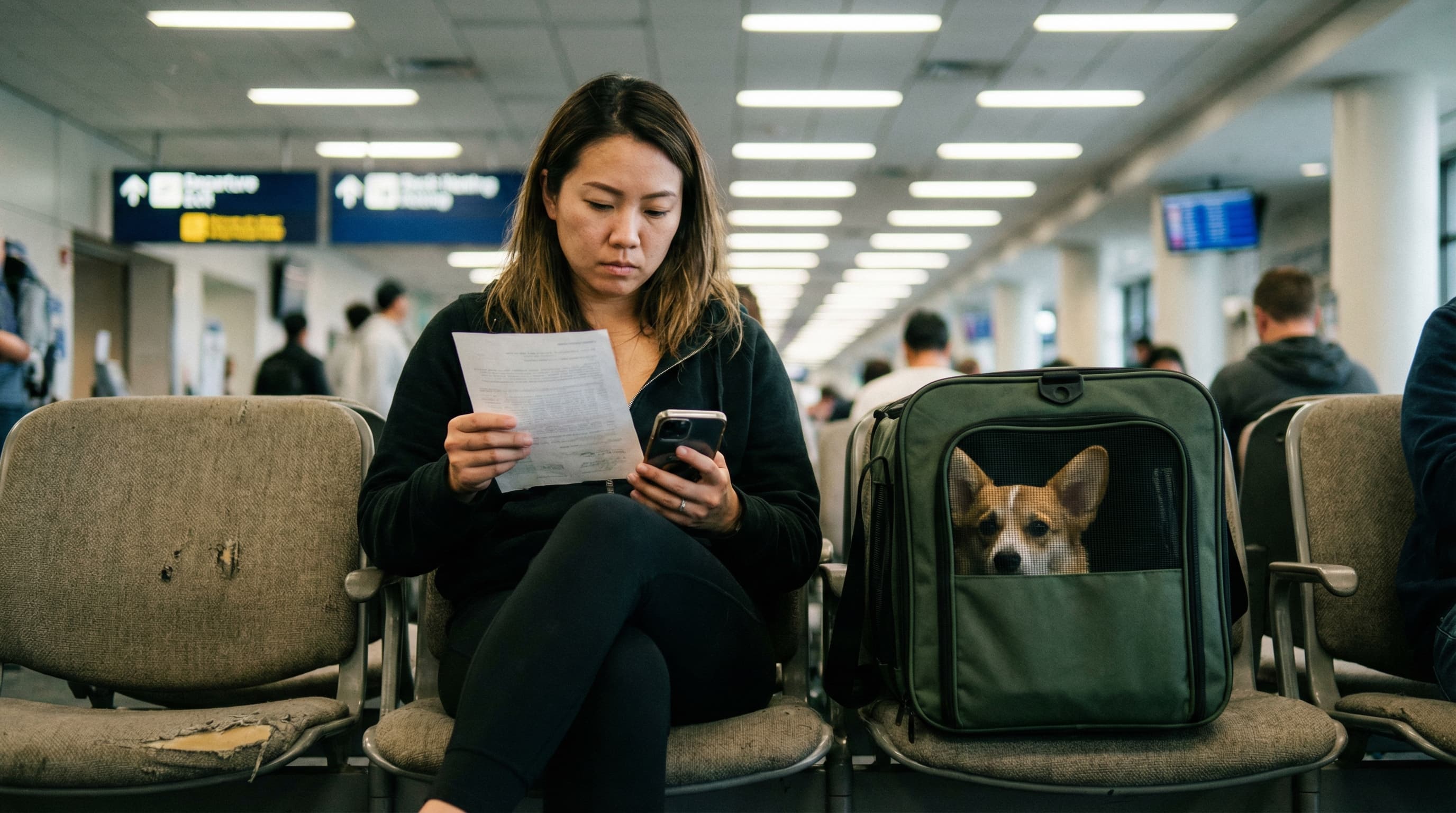 Woman in airport departure lounge reviewing CDC Dog Import Form receipt with corgi in soft-sided carrier beside her