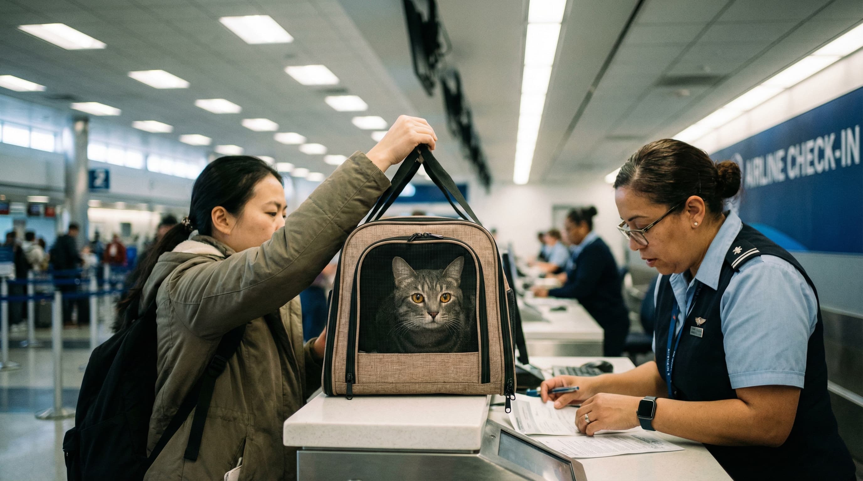 Woman presenting soft-sided cat carrier and health certificate at airline international check-in counter, gray tabby visible through mesh