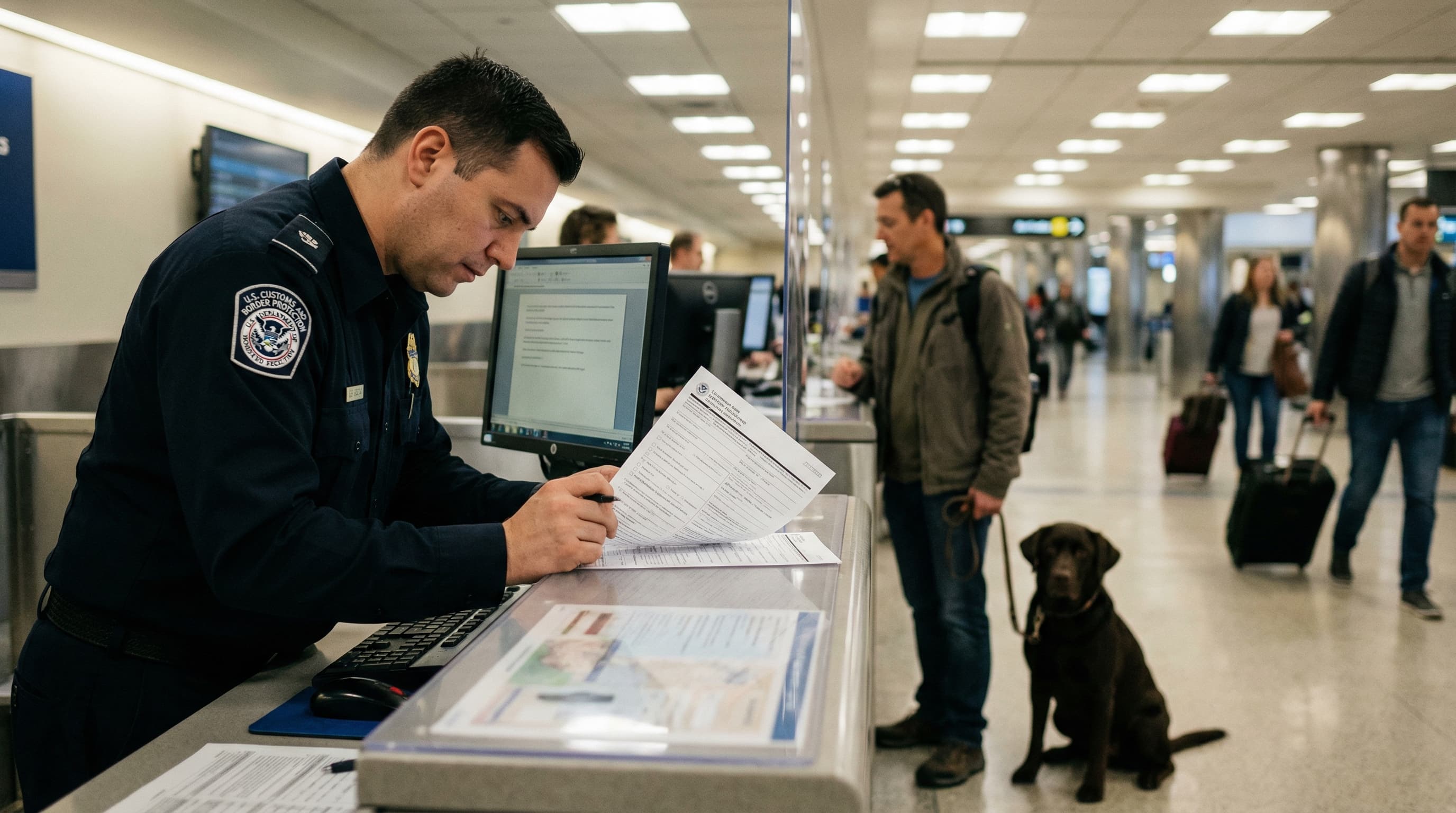 CBP officer reviewing CDC Dog Import Form at US arrivals inspection desk, Labrador mix on leash beside owner