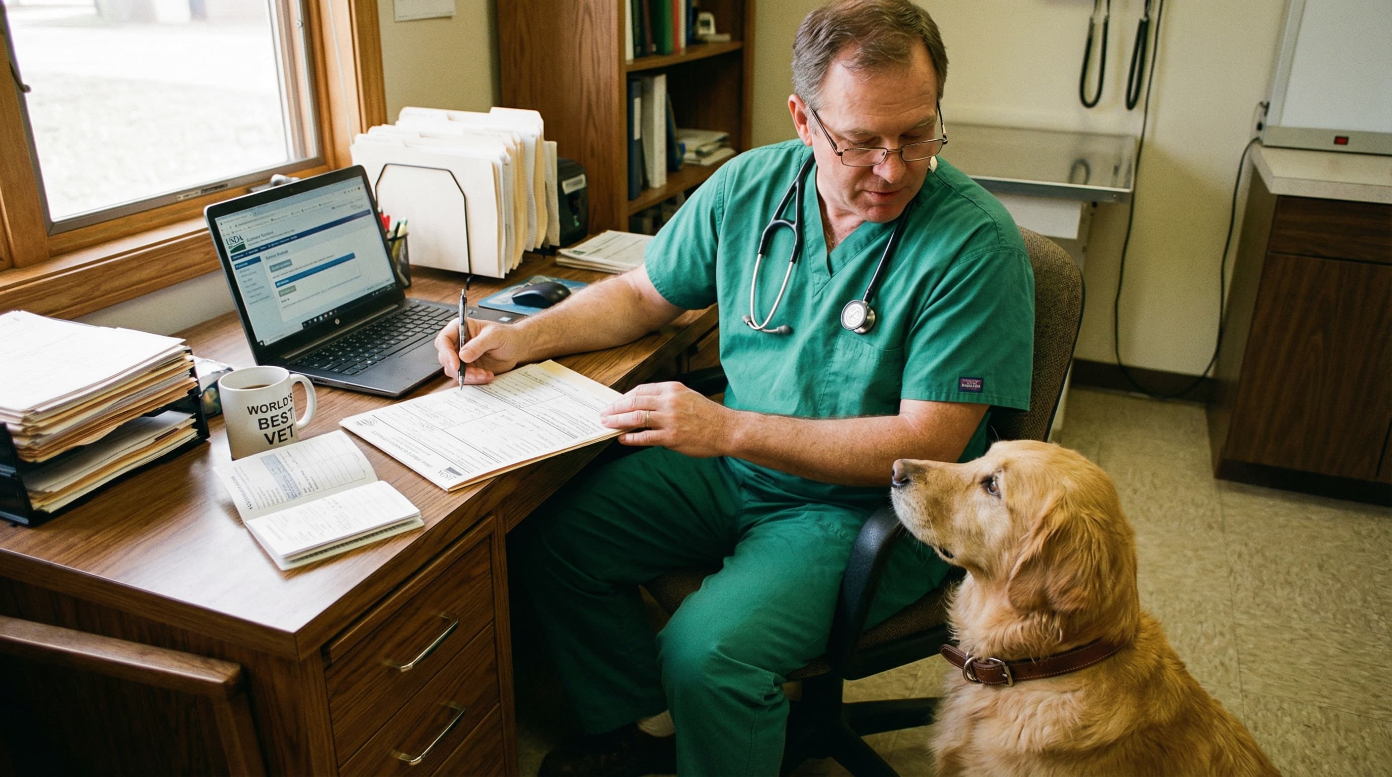 USDA-accredited veterinarian completing CDC Certification of US-Issued Rabies Vaccination form, golden retriever beside the desk