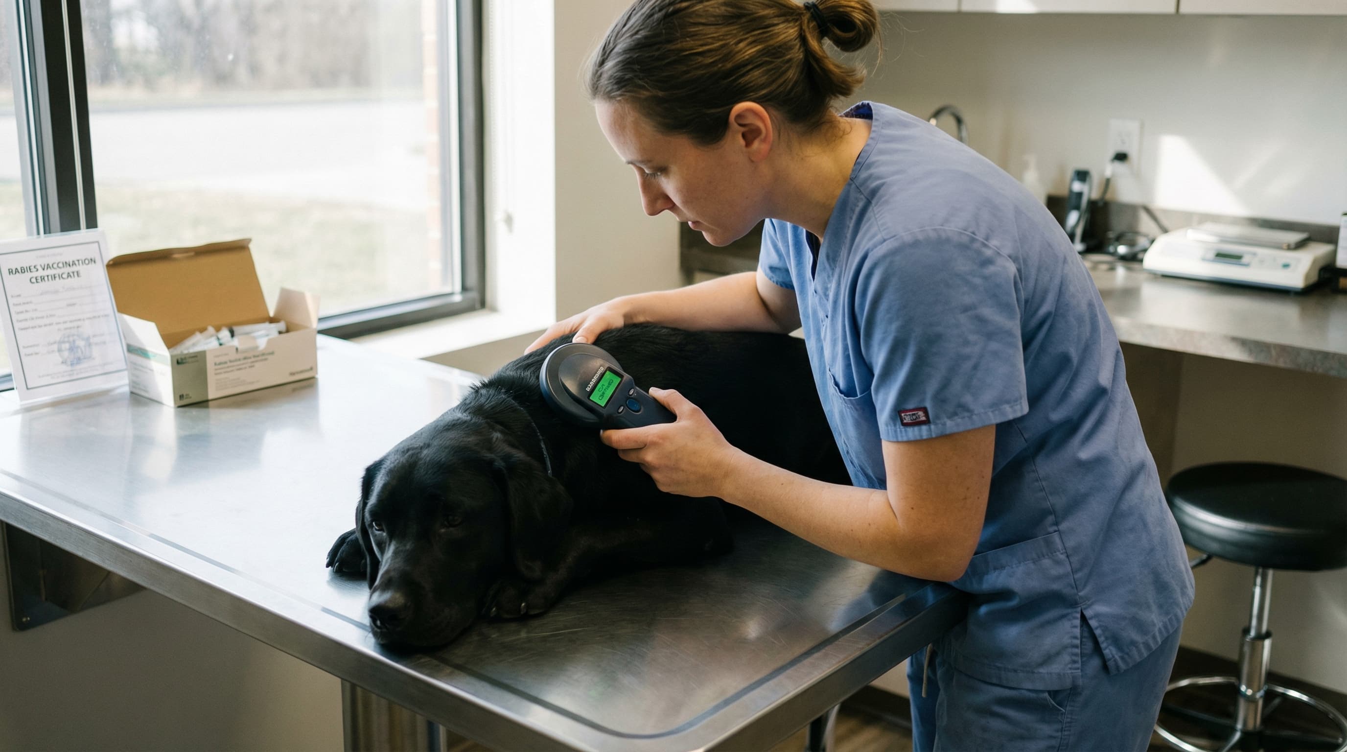 Veterinarian scanning ISO microchip on black Labrador at clinic, rabies certificate visible on counter