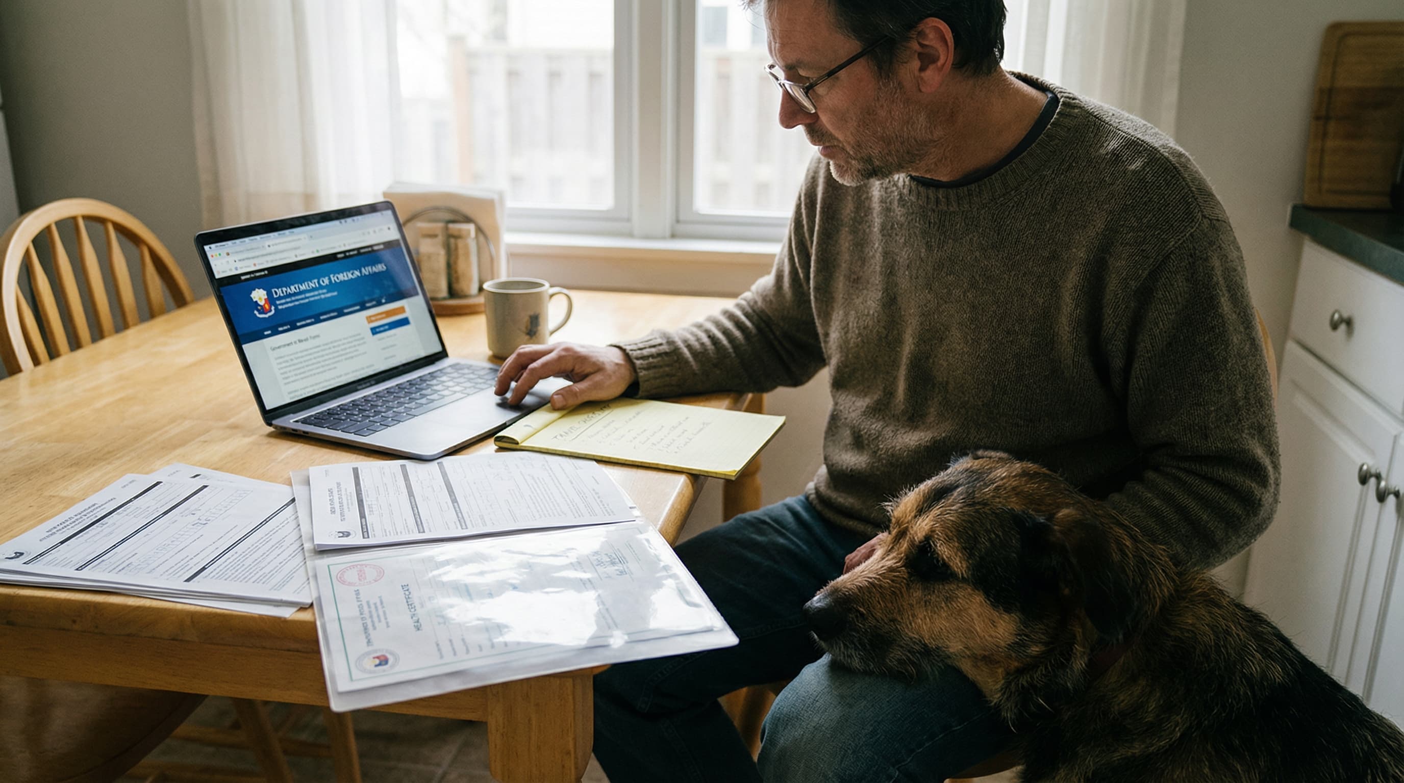 Man at kitchen table organizing CDC Dog Import Form, stamped health certificate, and travel checklist, mixed-breed shepherd dog beside him