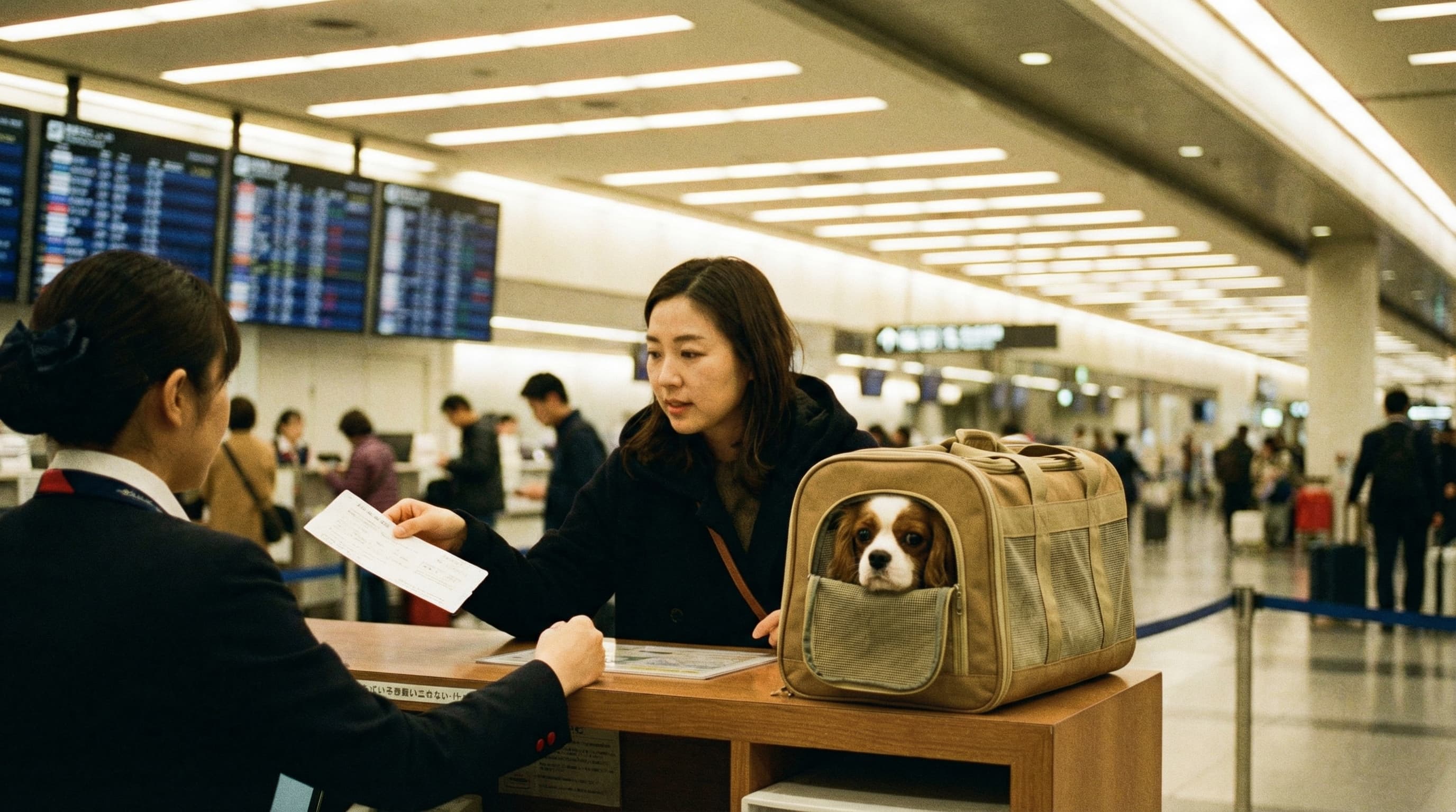 Traveler presenting health certificate at airline check-in counter with dog in soft-sided carrier