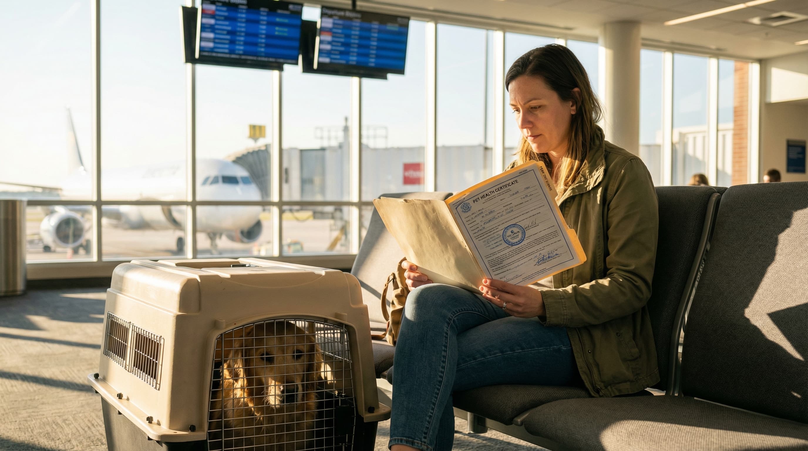 Dog owner at airport departure gate with pet carrier and folder of endorsed travel documents ready for boarding