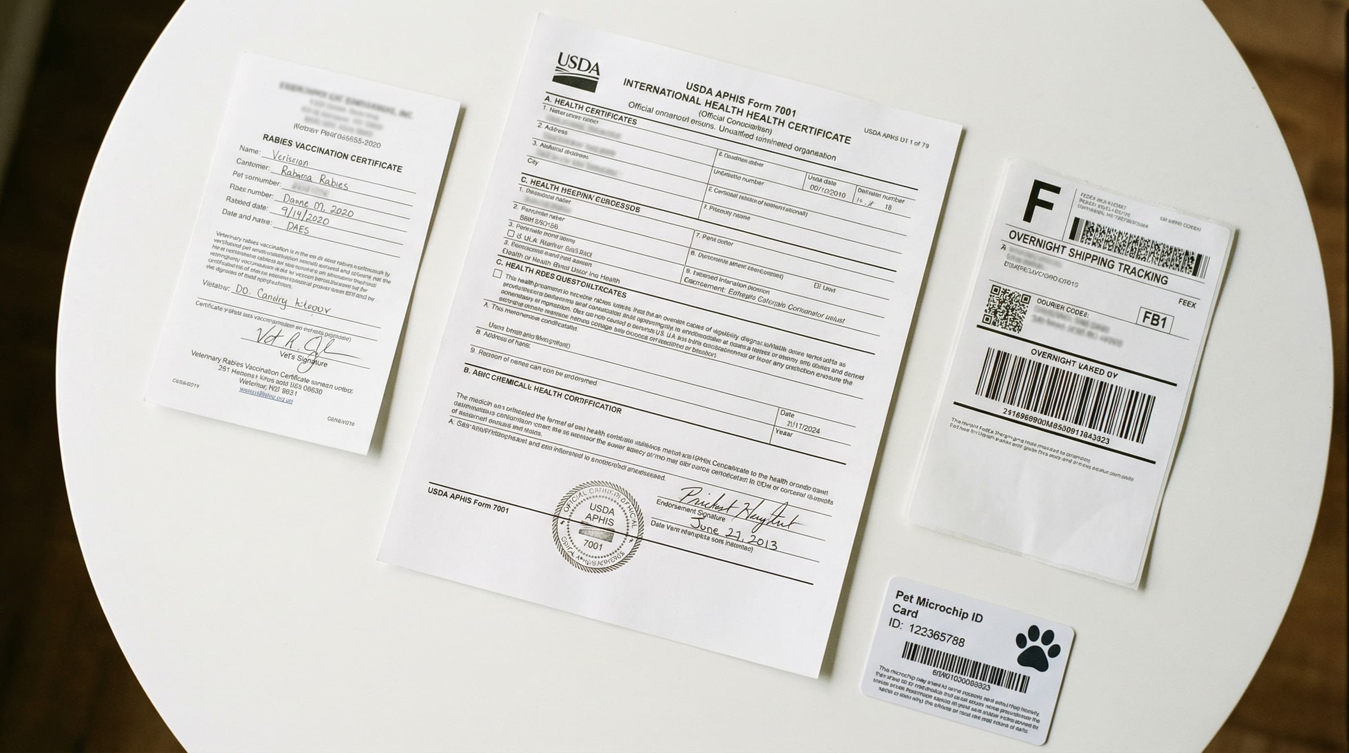 Pet travel documents including health certificate and APHIS endorsement seal organized on a clean surface