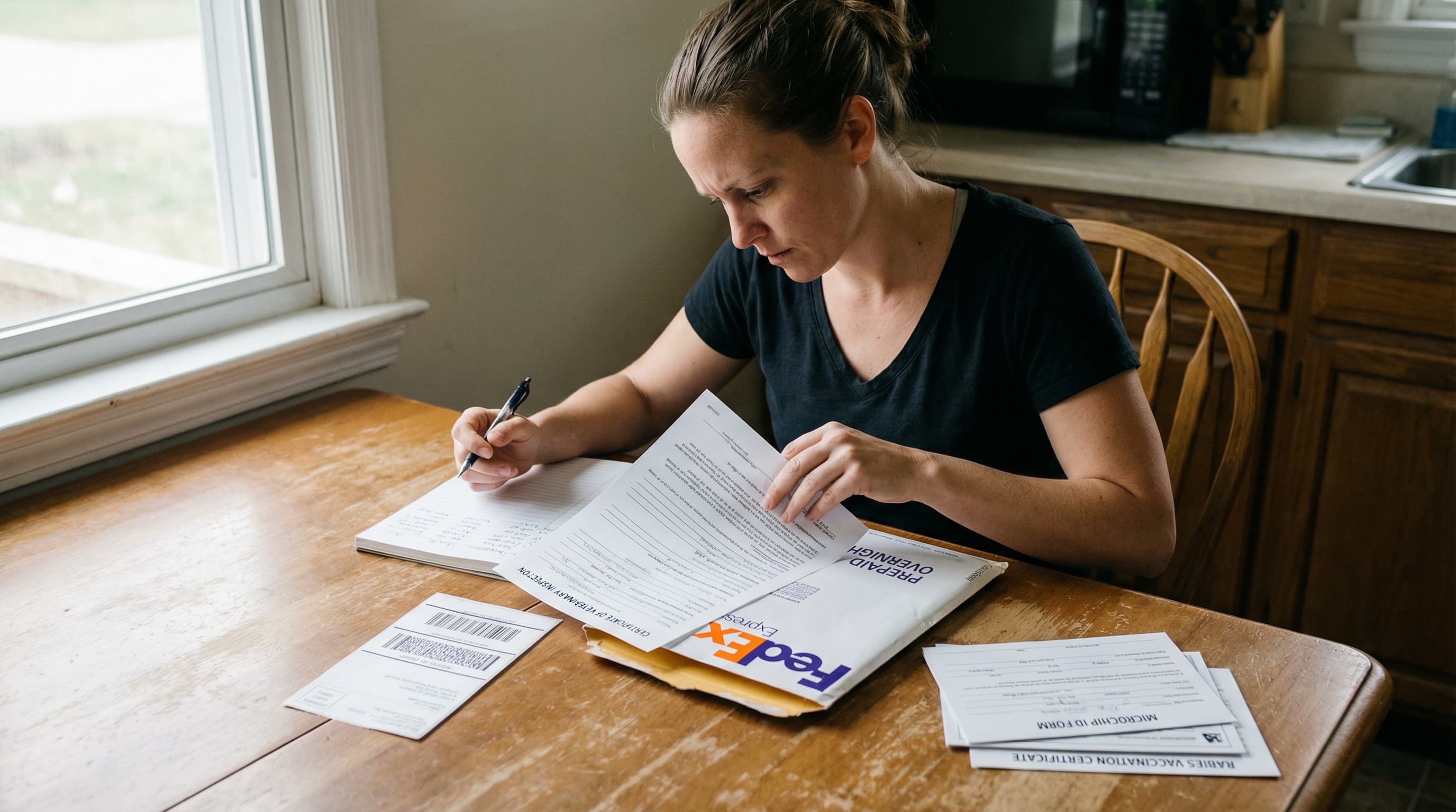 Owner preparing overnight shipping envelope with health certificate and supporting documents for USDA mail submission