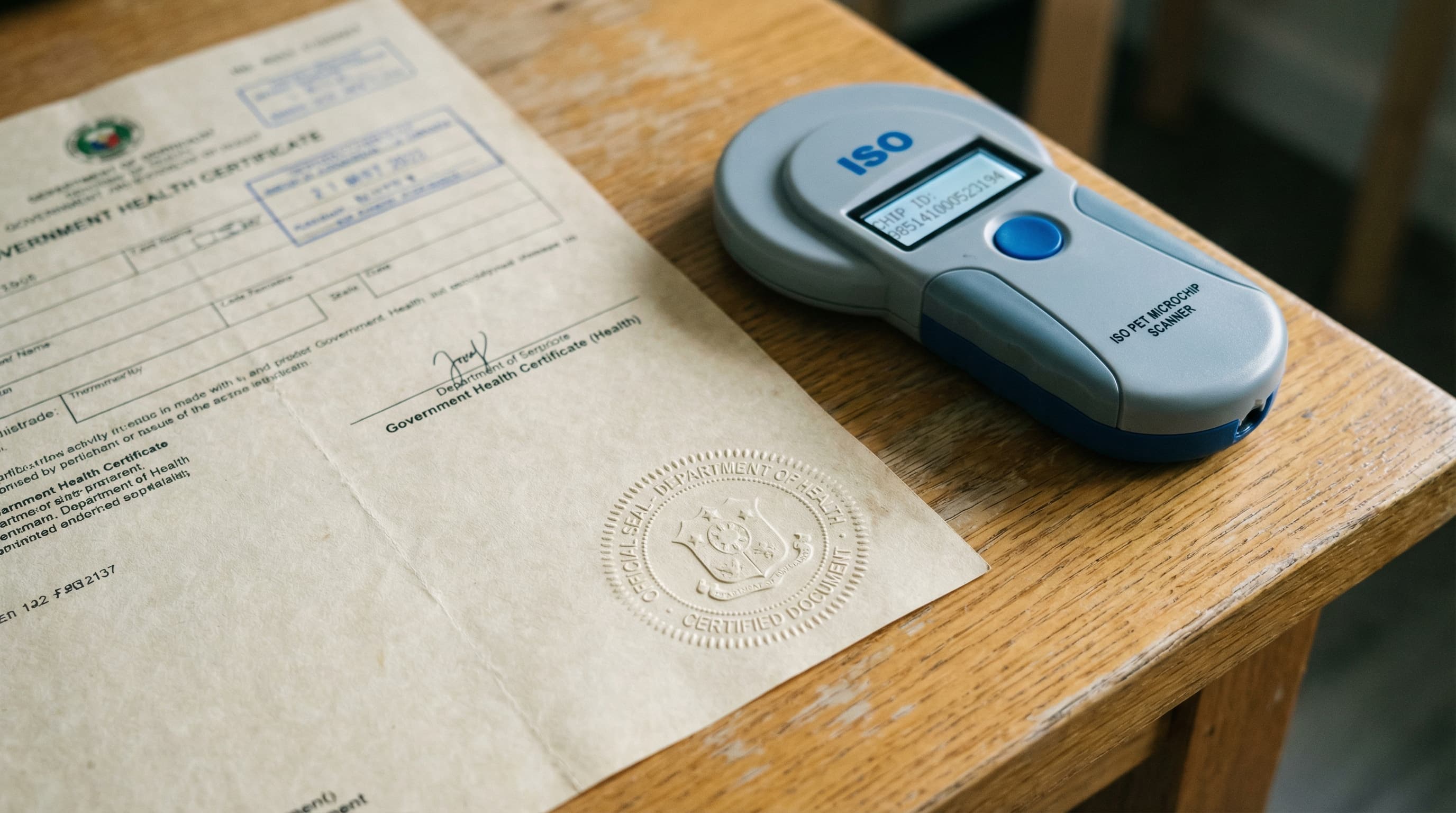 Close-up of APHIS-endorsed health certificate with embossed seal and ISO microchip scanner showing chip number