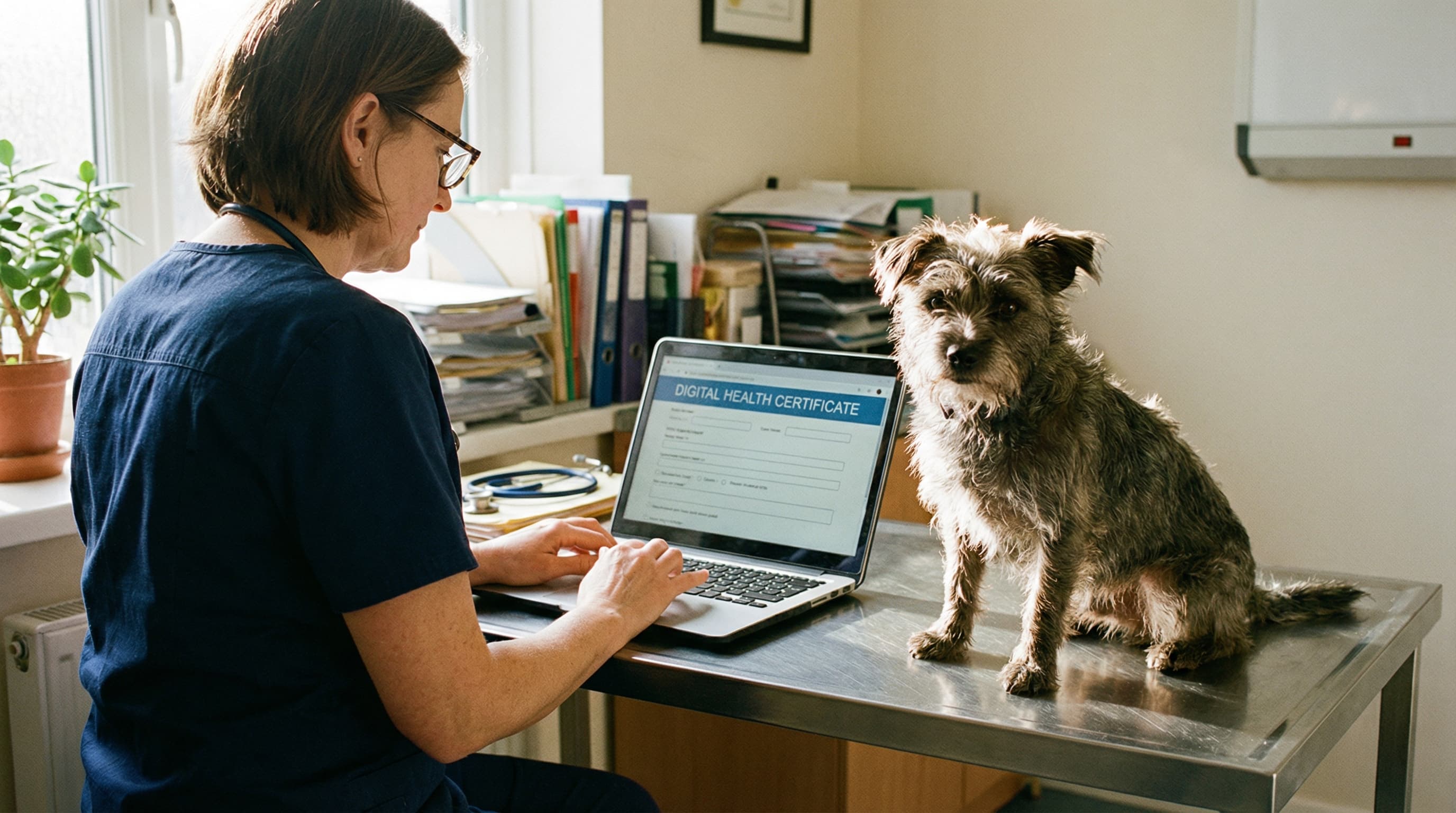 Veterinarian in scrubs reviewing a digital health certificate form on laptop at clinic desk, small terrier watching from exam table