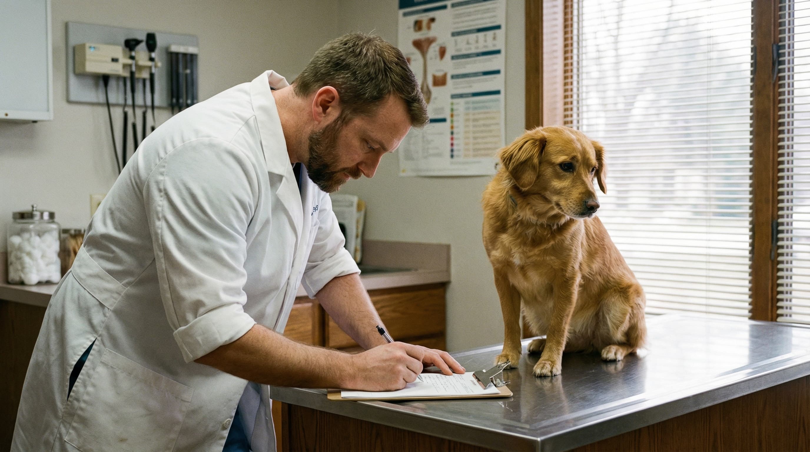 Veterinarian handwriting a pet health certificate at clinic desk with dog on exam table