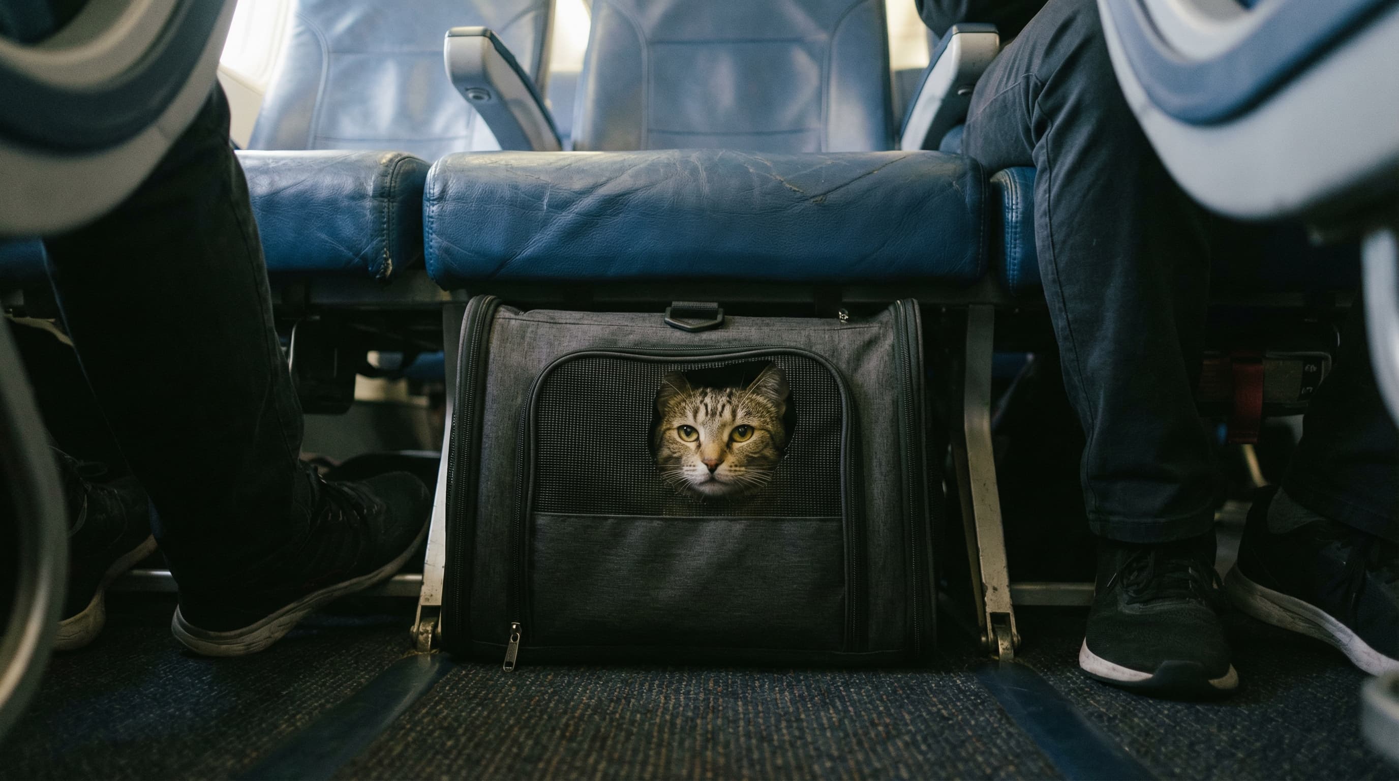 Small cat in a low-profile soft-sided carrier tucked under an airplane seat, shot from the passenger's perspective