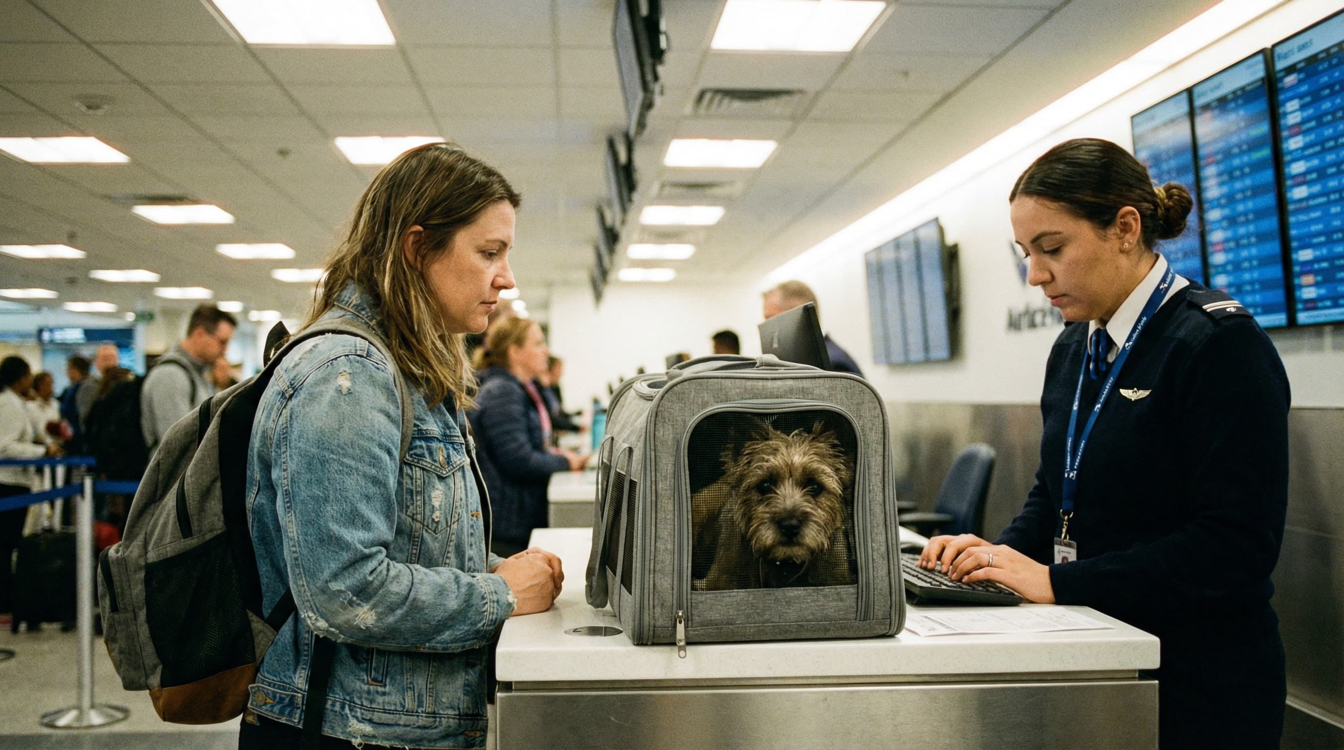 Traveler at airline check-in counter with low-profile soft-sided carrier on the counter, agent examining it while small dog peeks through the mesh