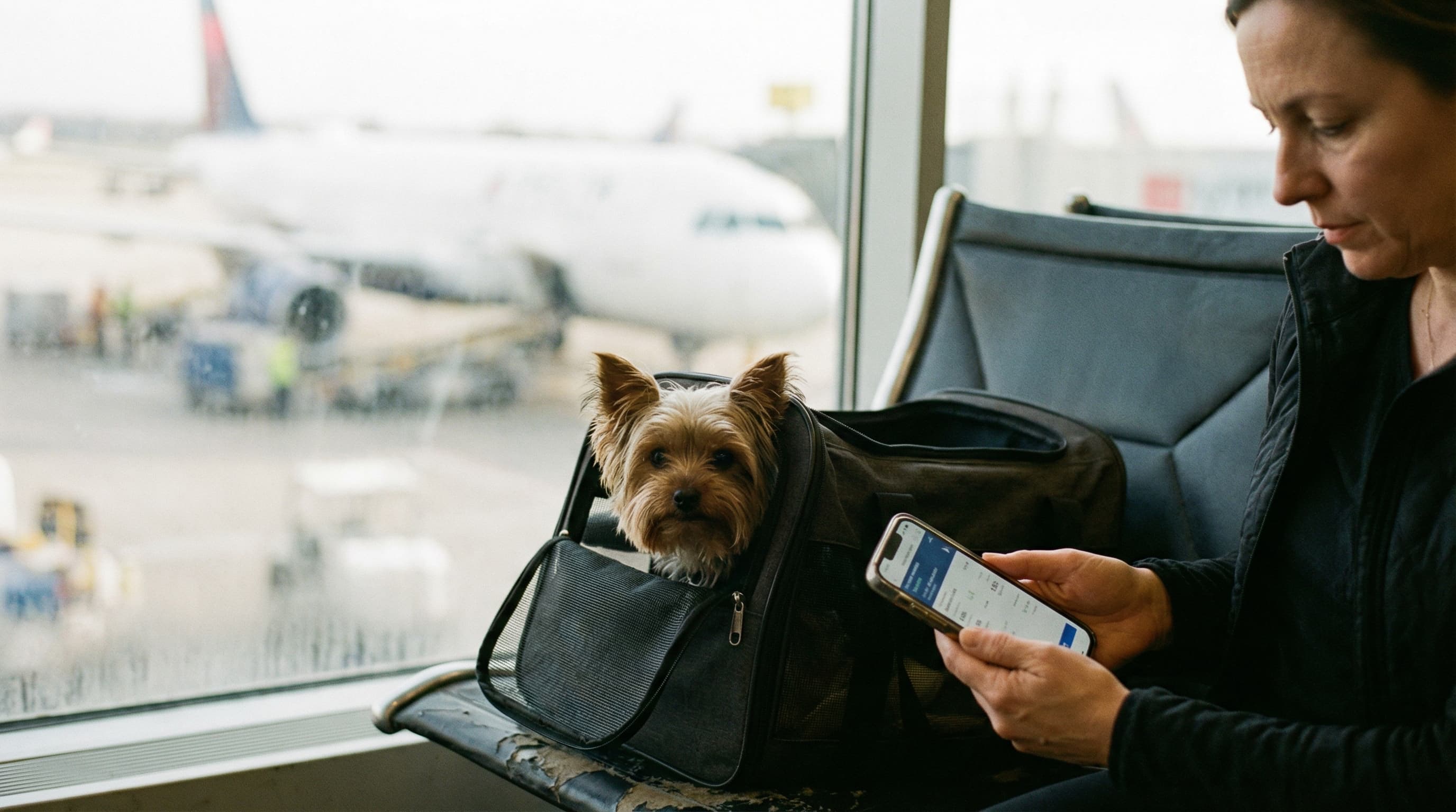 Owner sitting at airport gate with a Yorkshire Terrier peeking out of a low-profile carrier, phone in hand checking booking details