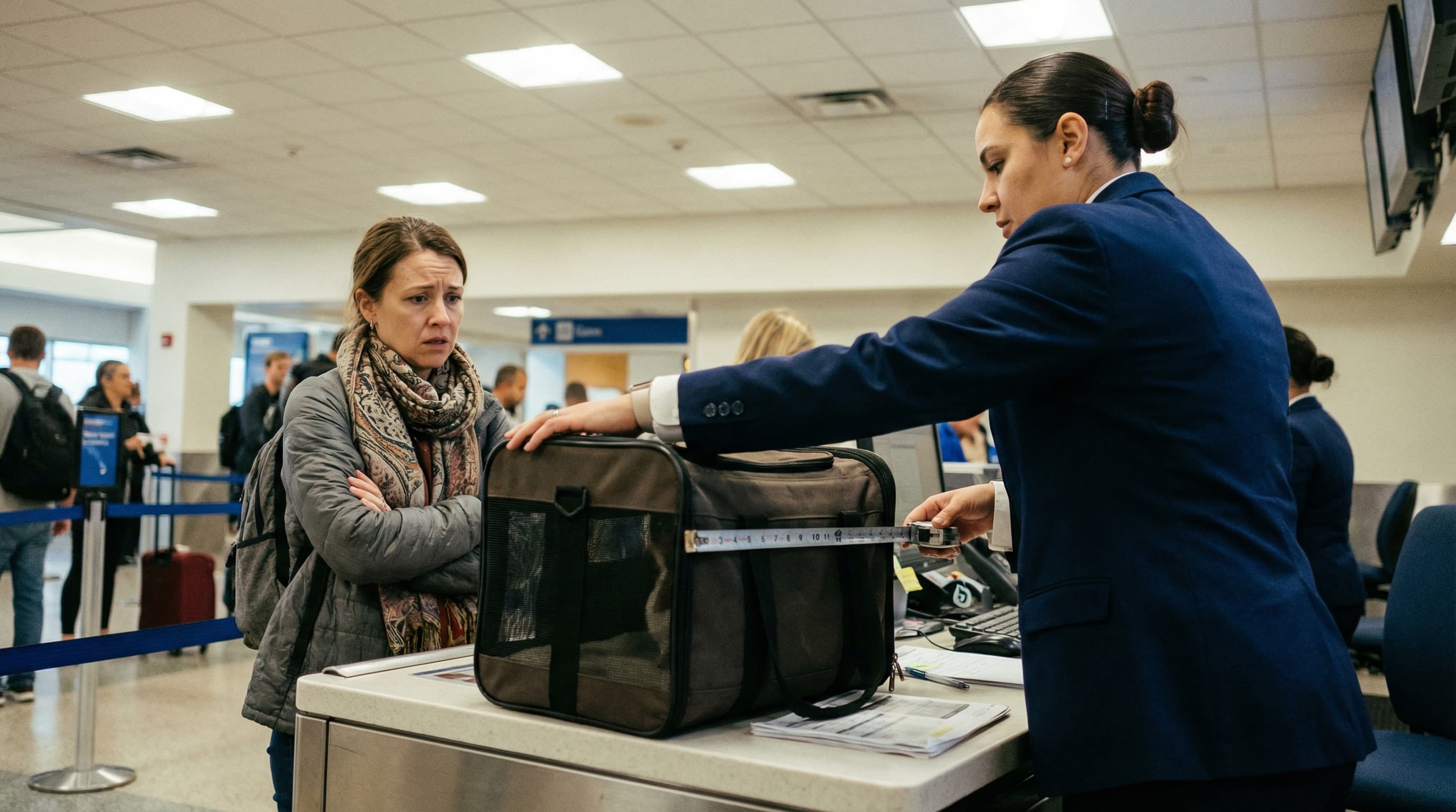Airline gate agent measuring a soft-sided pet carrier with a tape measure while the traveler watches with a tense expression