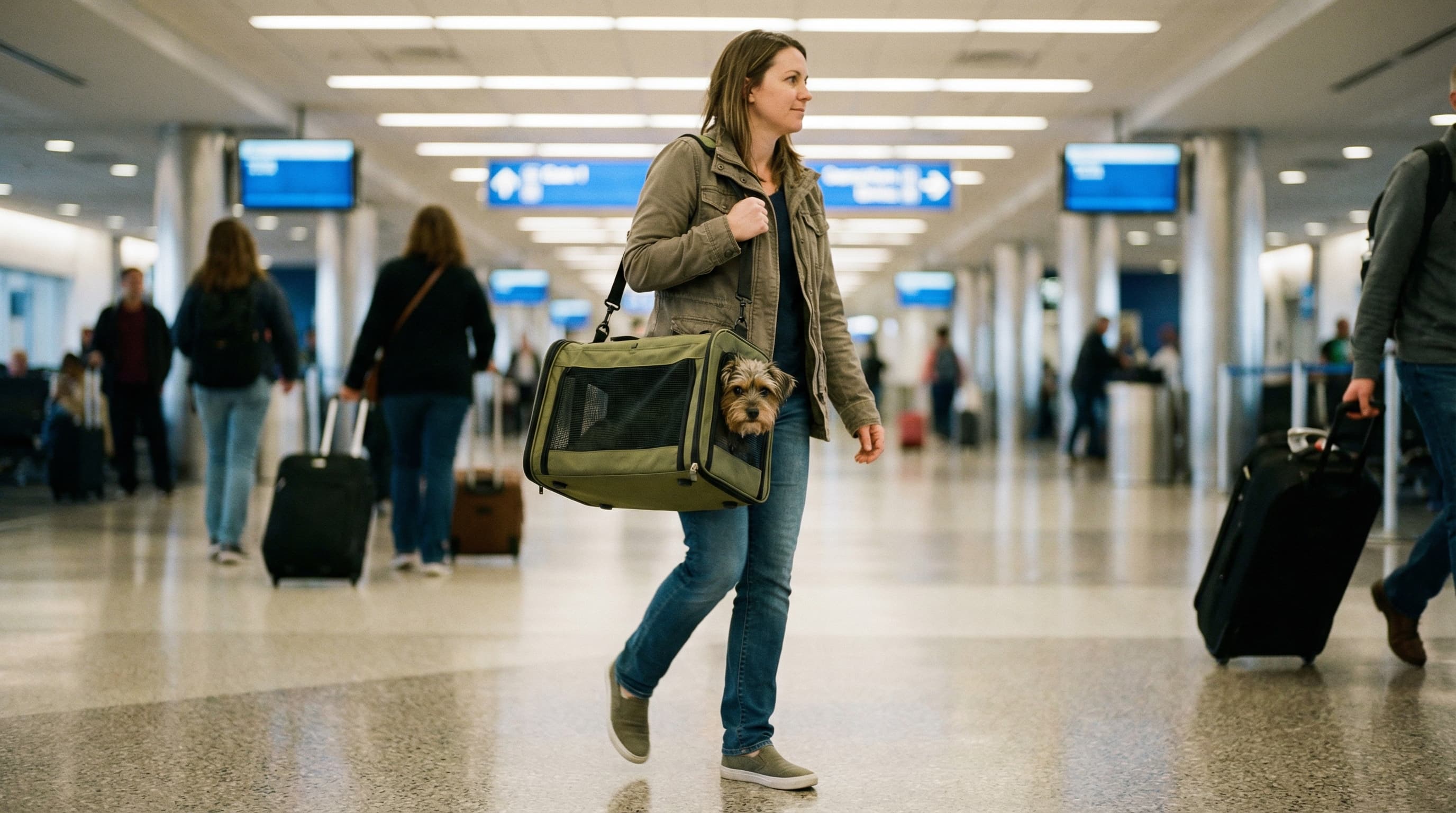 Traveler walking through airport terminal carrying a low-profile soft-sided pet carrier, Allegiant Air departure board visible in background