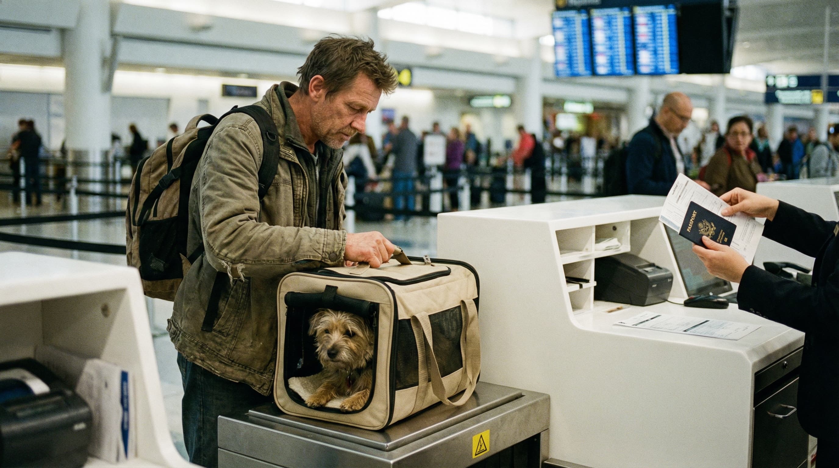Traveler at airport check-in counter with small dog in soft-sided carrier waiting for Spirit Airlines boarding pass