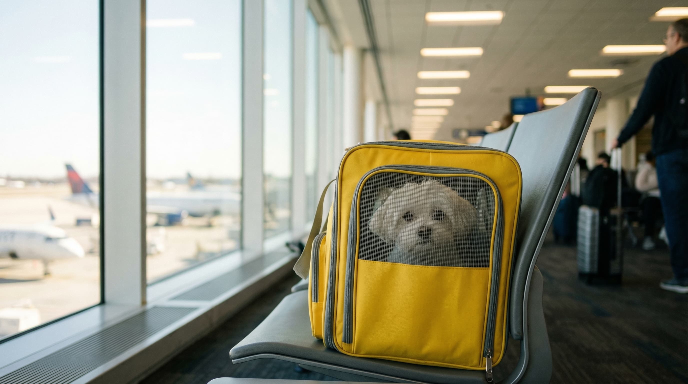 Small dog in a yellow soft-sided carrier sitting on a chair at a bright airport departure gate with floor-to-ceiling windows