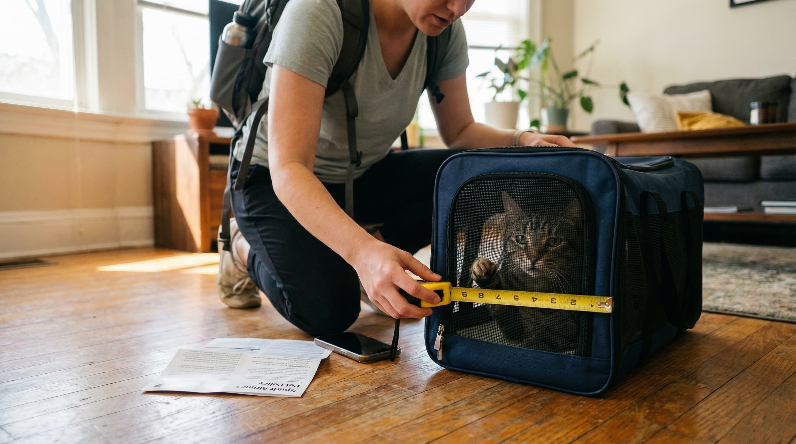Traveler kneeling on floor at home measuring a soft-sided pet carrier with a tape measure while a tabby cat sits inside watching