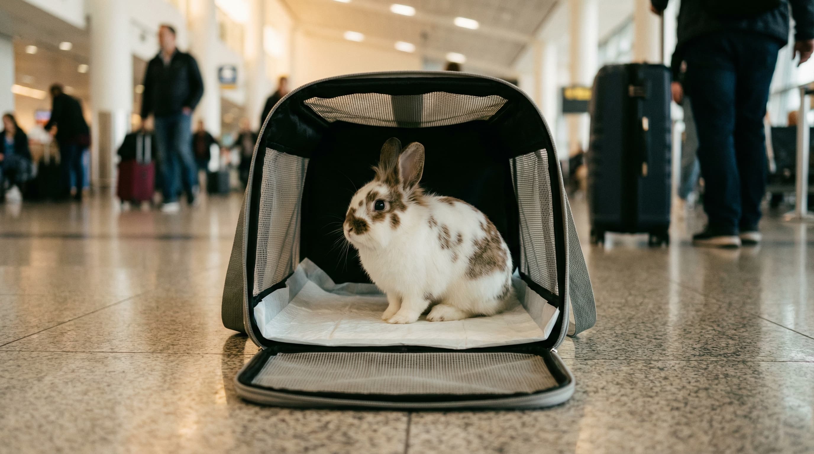Small domestic rabbit sitting inside a mesh pet carrier on a tiled floor near airport seating
