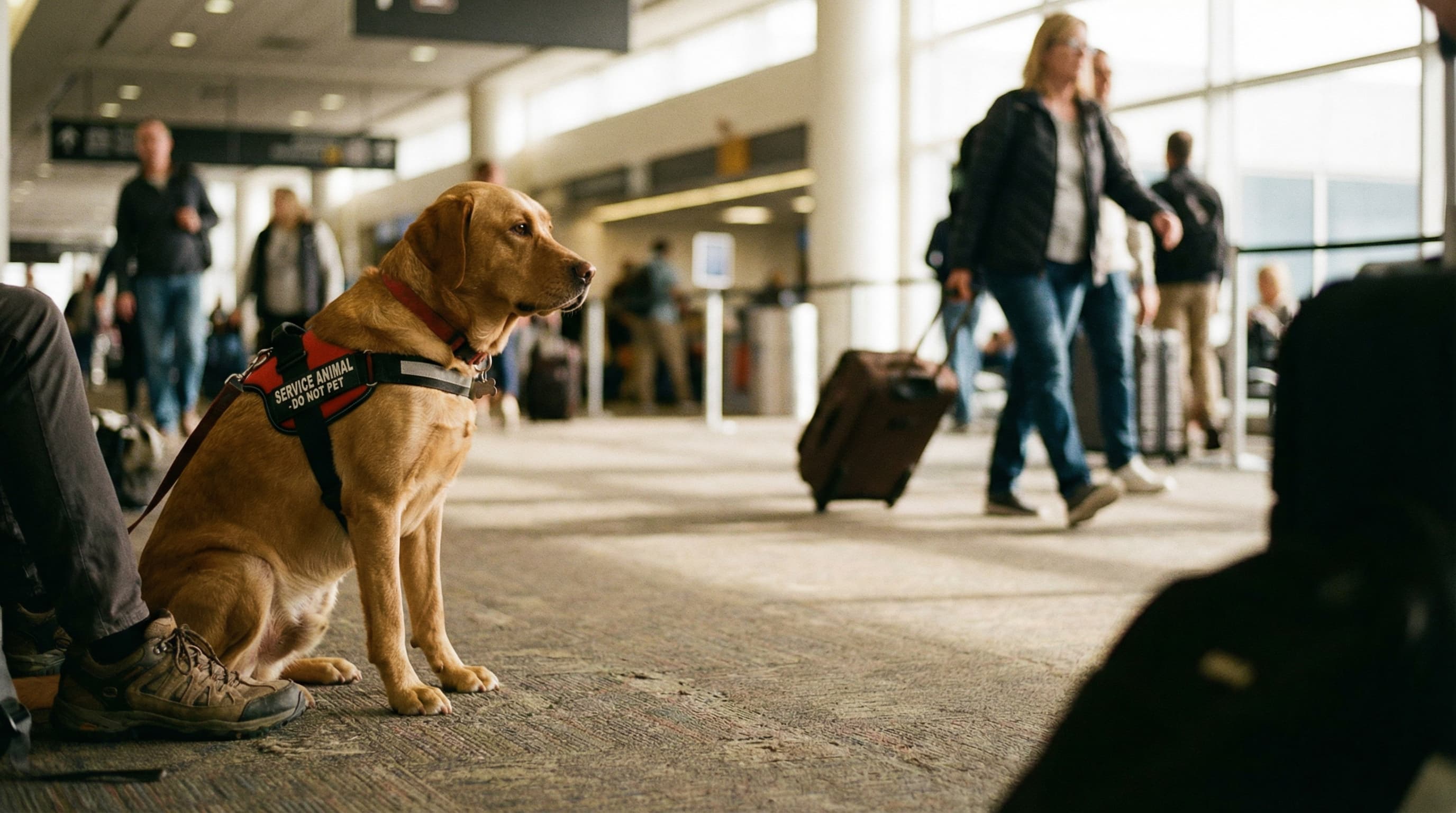 Yellow Labrador service dog wearing a harness sitting calmly on the floor of an airport terminal near a boarding gate