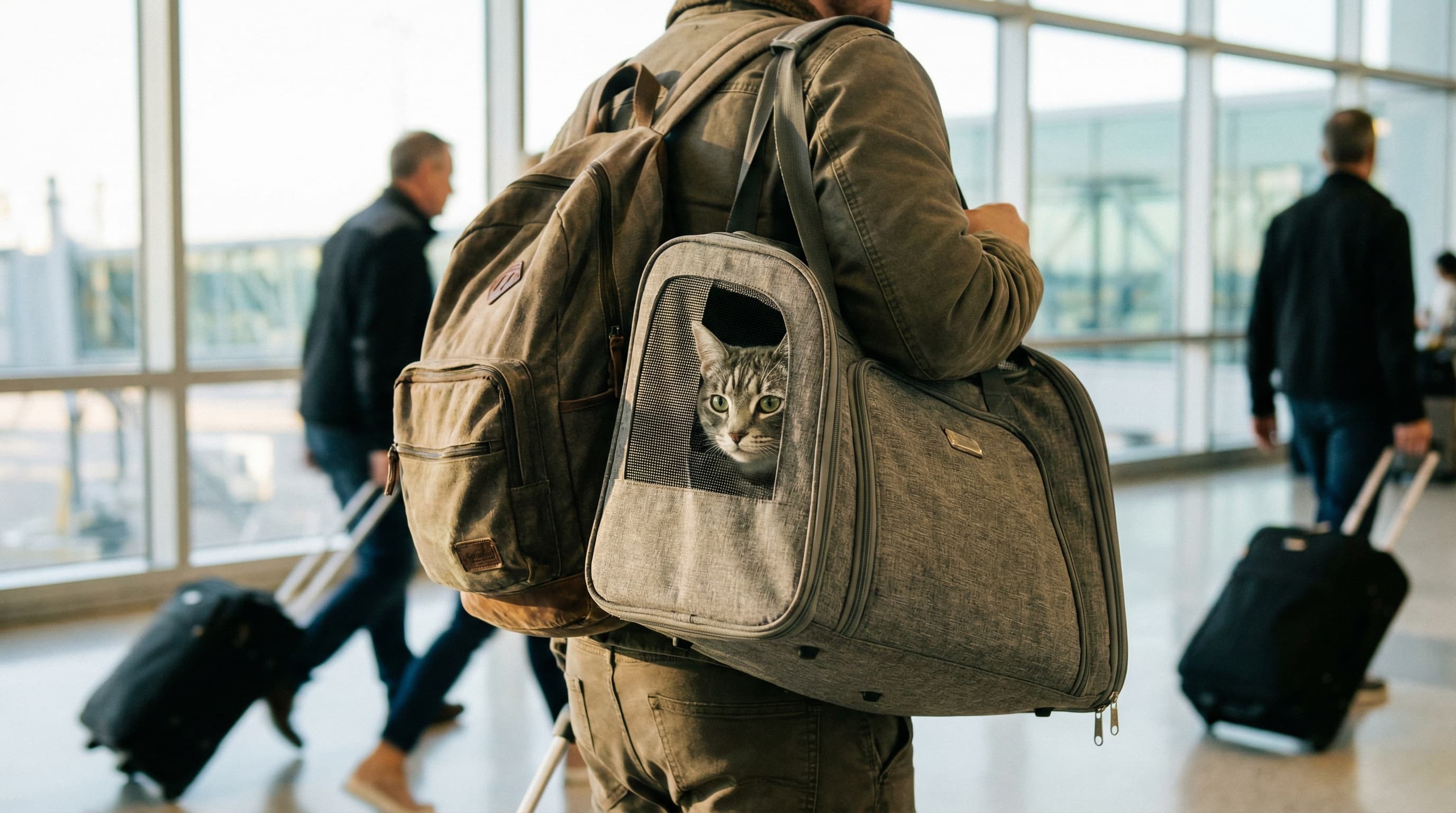 Traveler walking through airport with a cat visible in a soft-sided carrier slung over their shoulder
