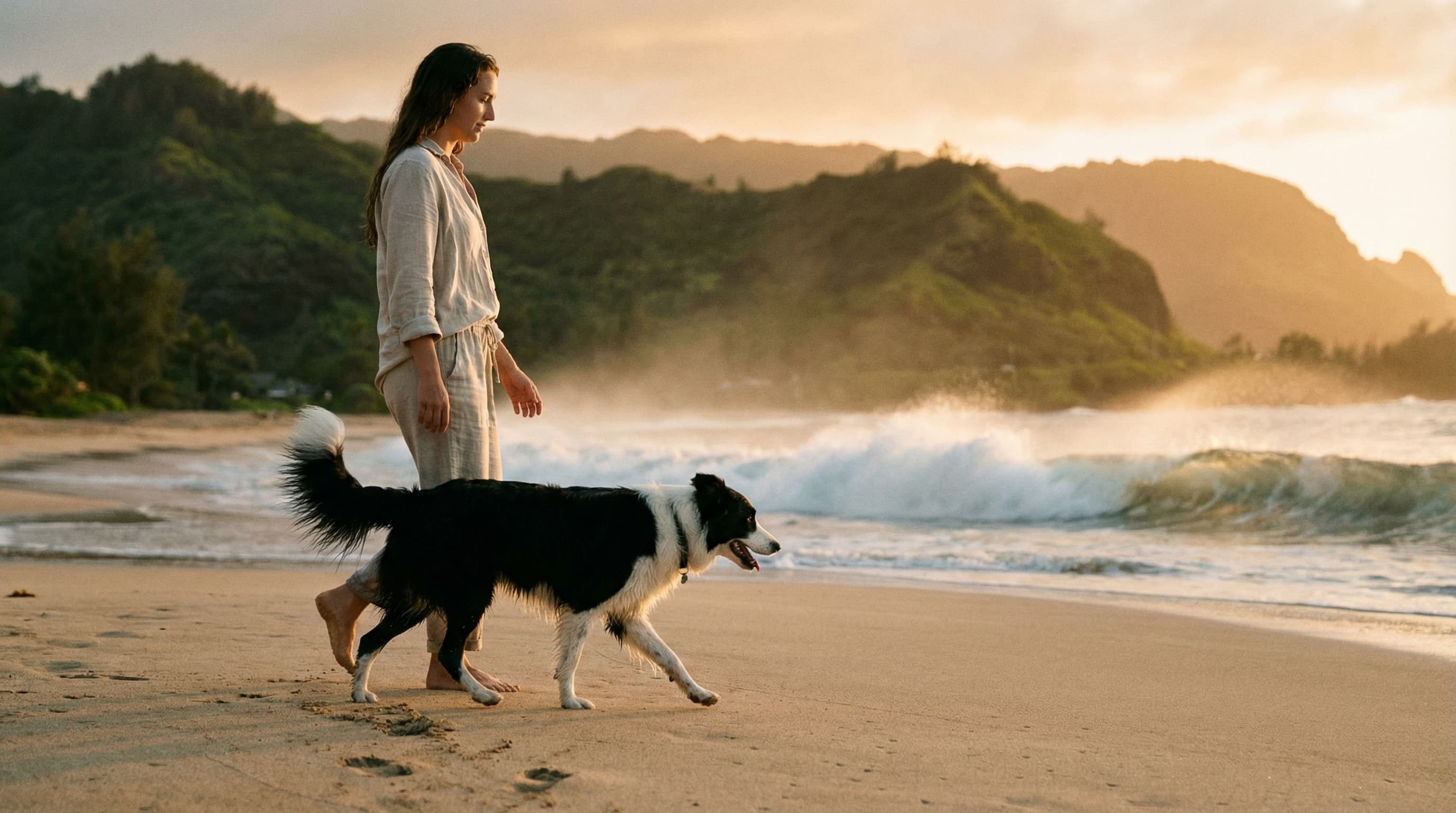 Woman walking a border collie on a Hawaiian beach at golden hour with volcanic hills in the distance