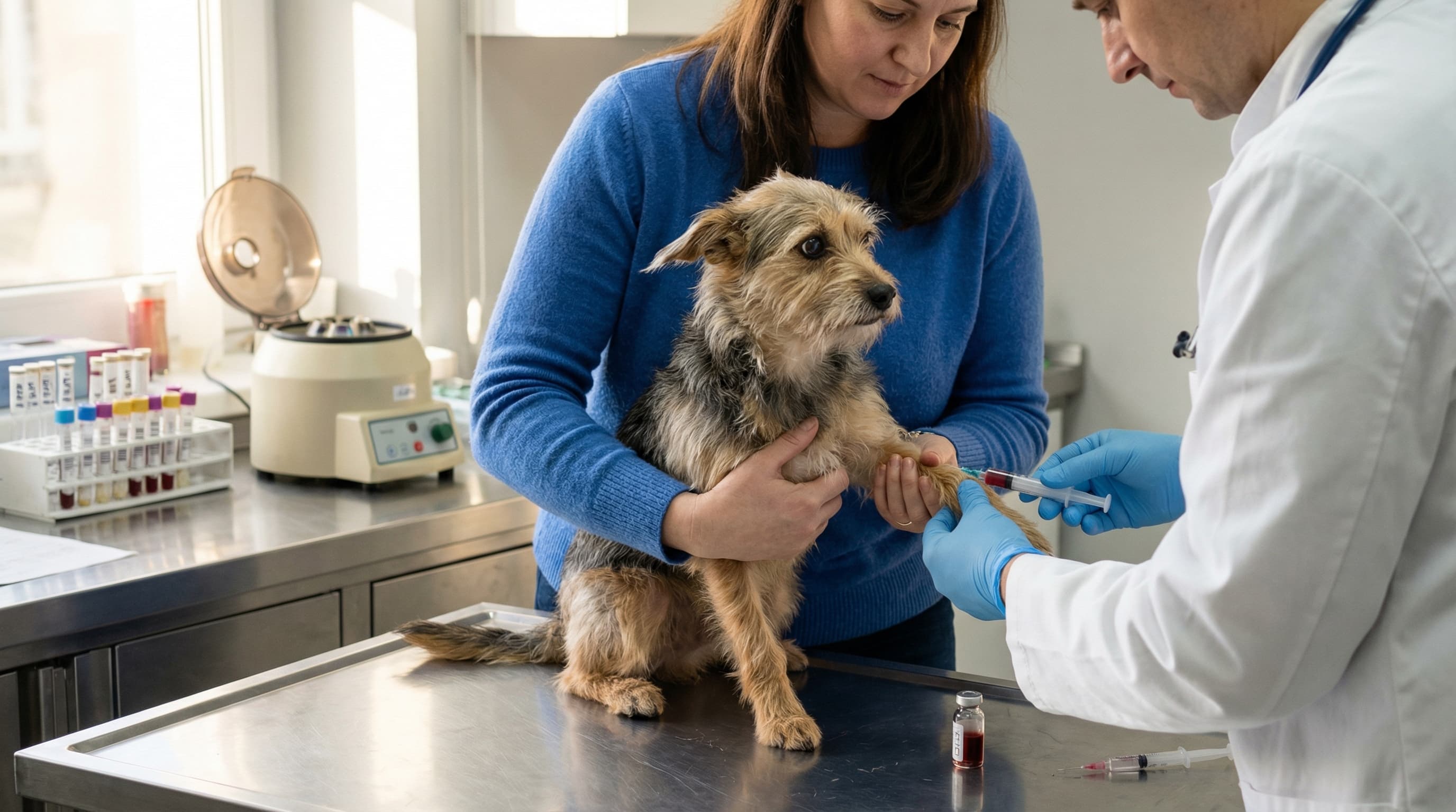 Veterinarian drawing blood from a terrier for the OIE-FAVN rabies titer test