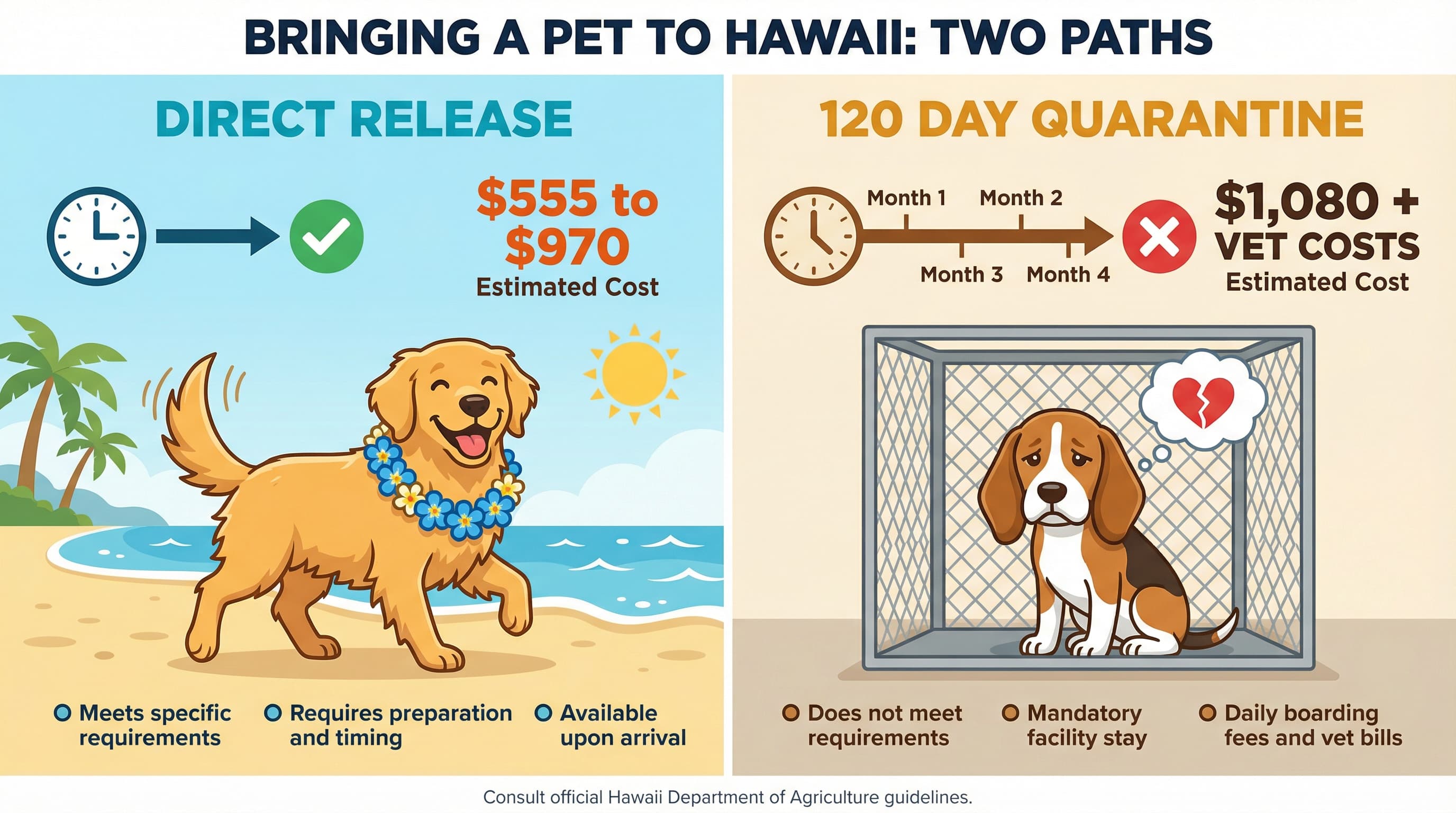 Infographic comparing direct release costs versus 120-day quarantine costs for Hawaii pet travel