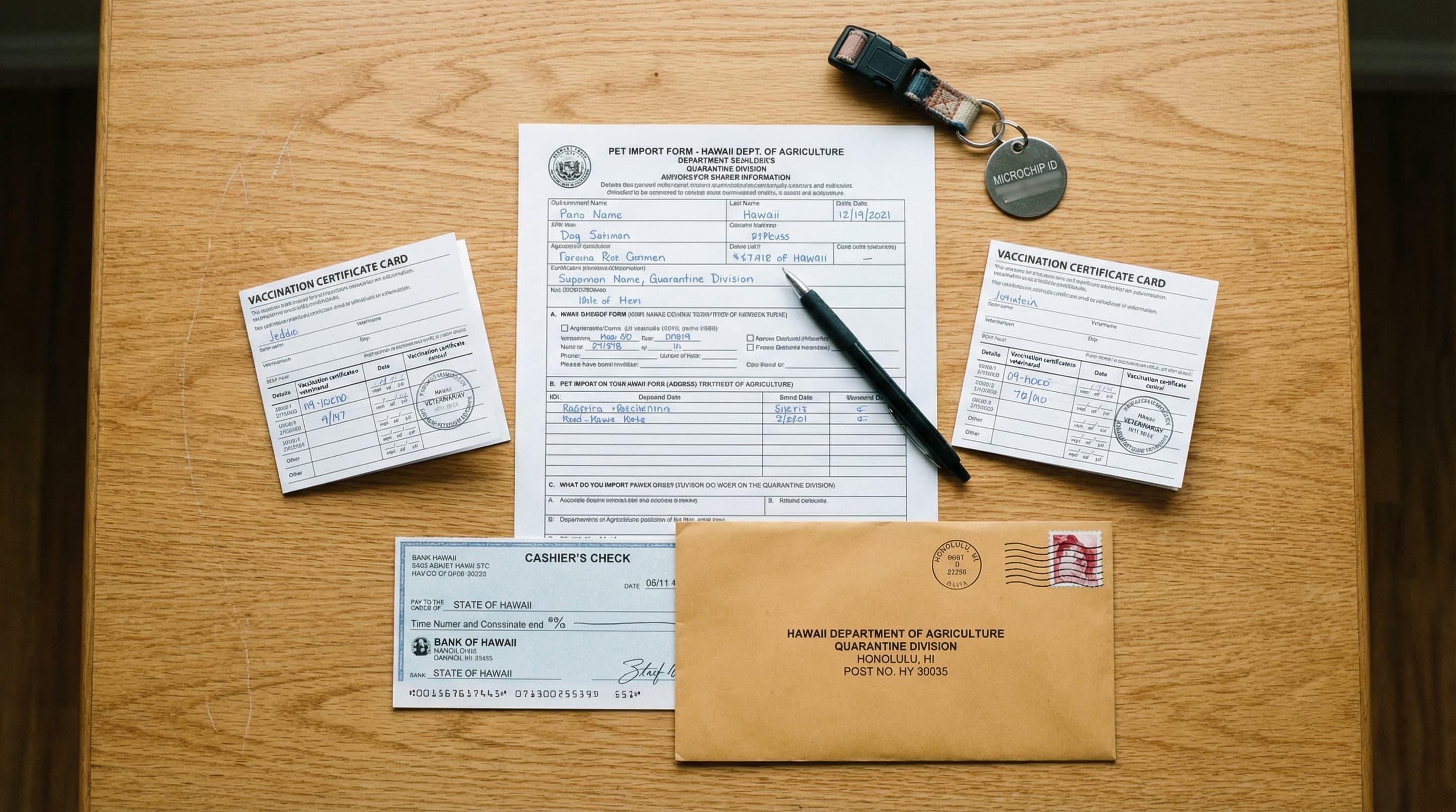 Pet travel documents arranged on a desk — AQS-279 form, vaccination certificates, cashier's check, and stamped envelope