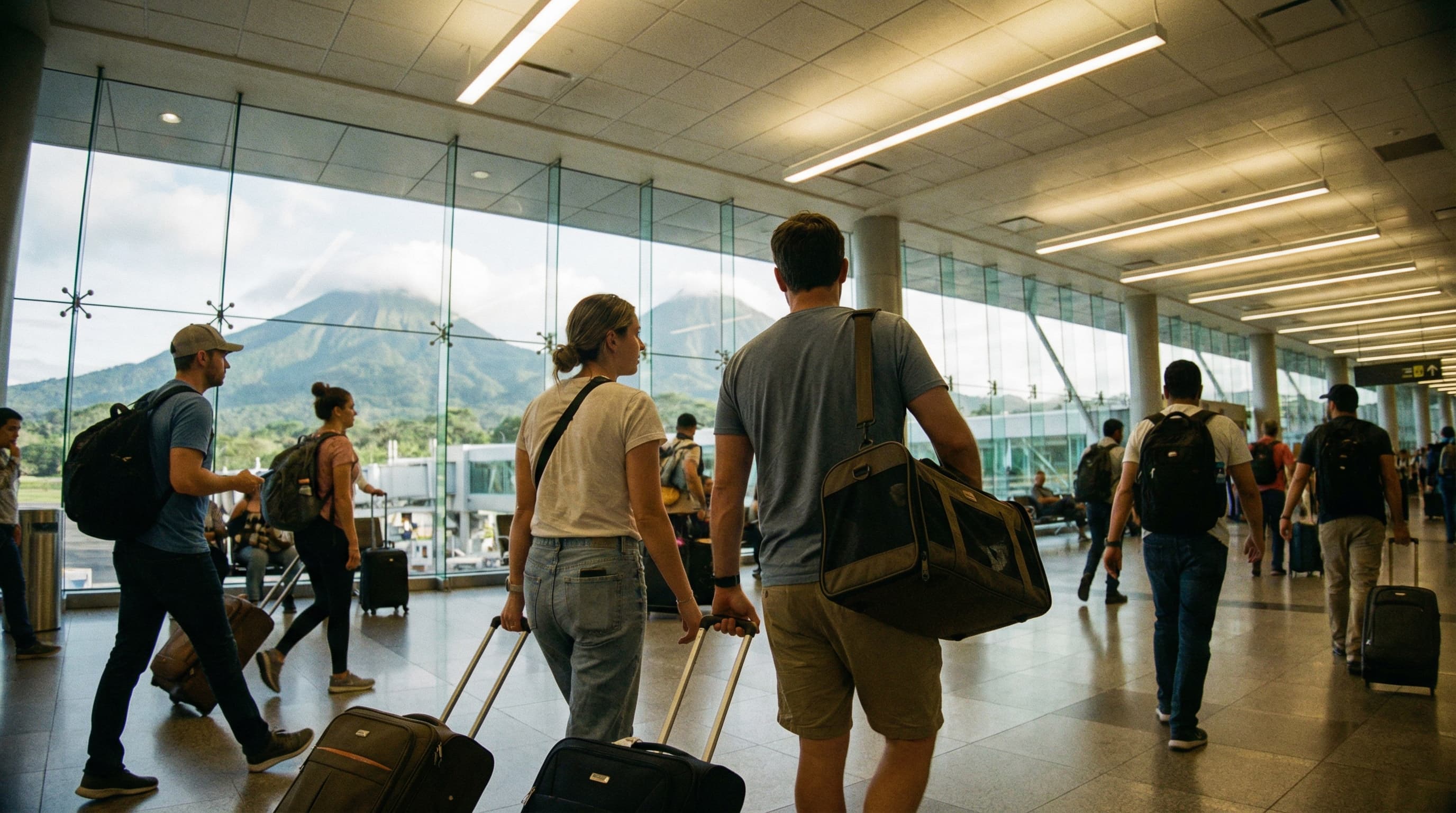 Travelers walking through an airport terminal with tropical mountains visible through windows, carrying a pet carrier
