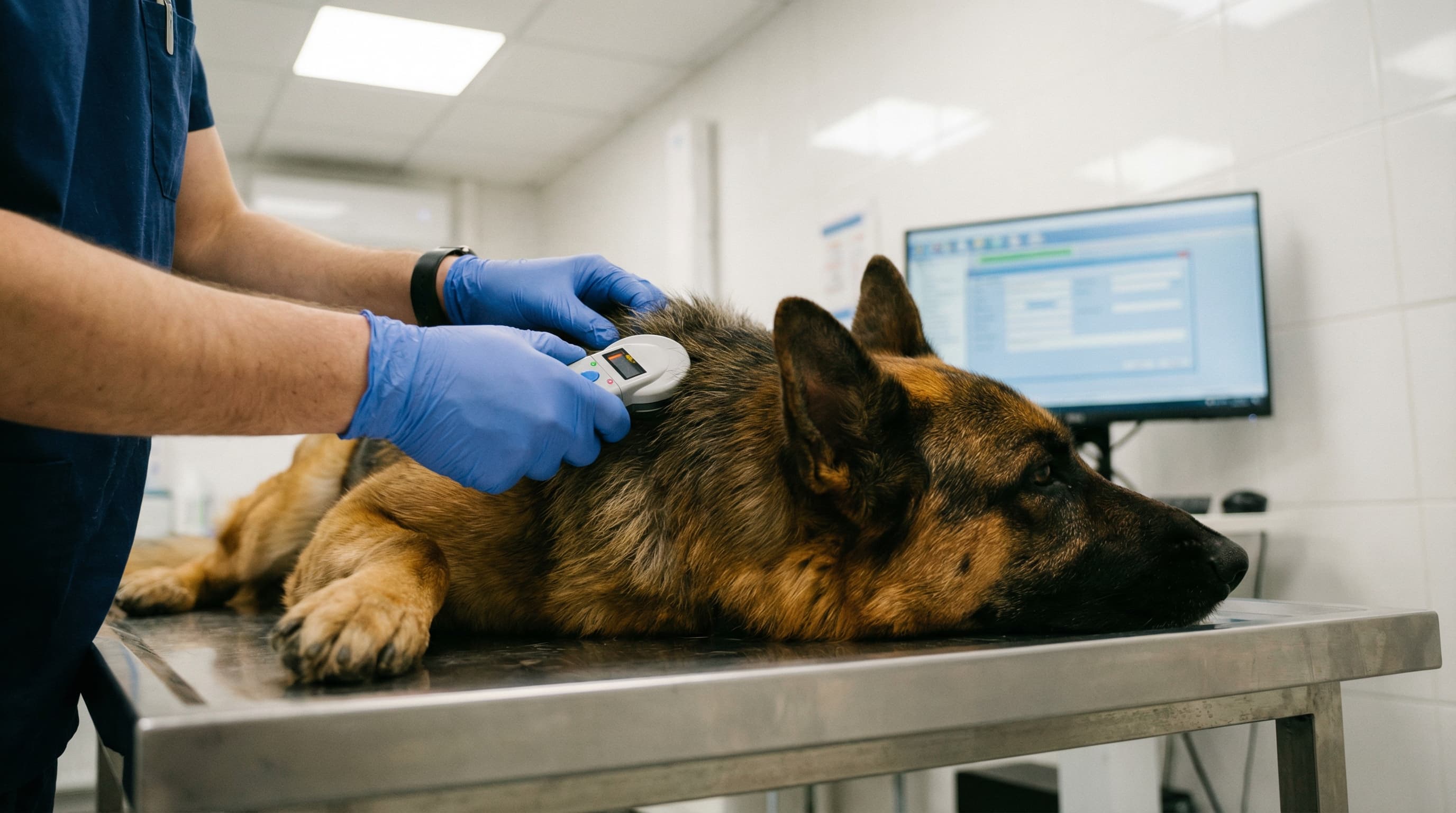 Veterinarian scanning a microchip on a German Shepherd's neck with a handheld scanner