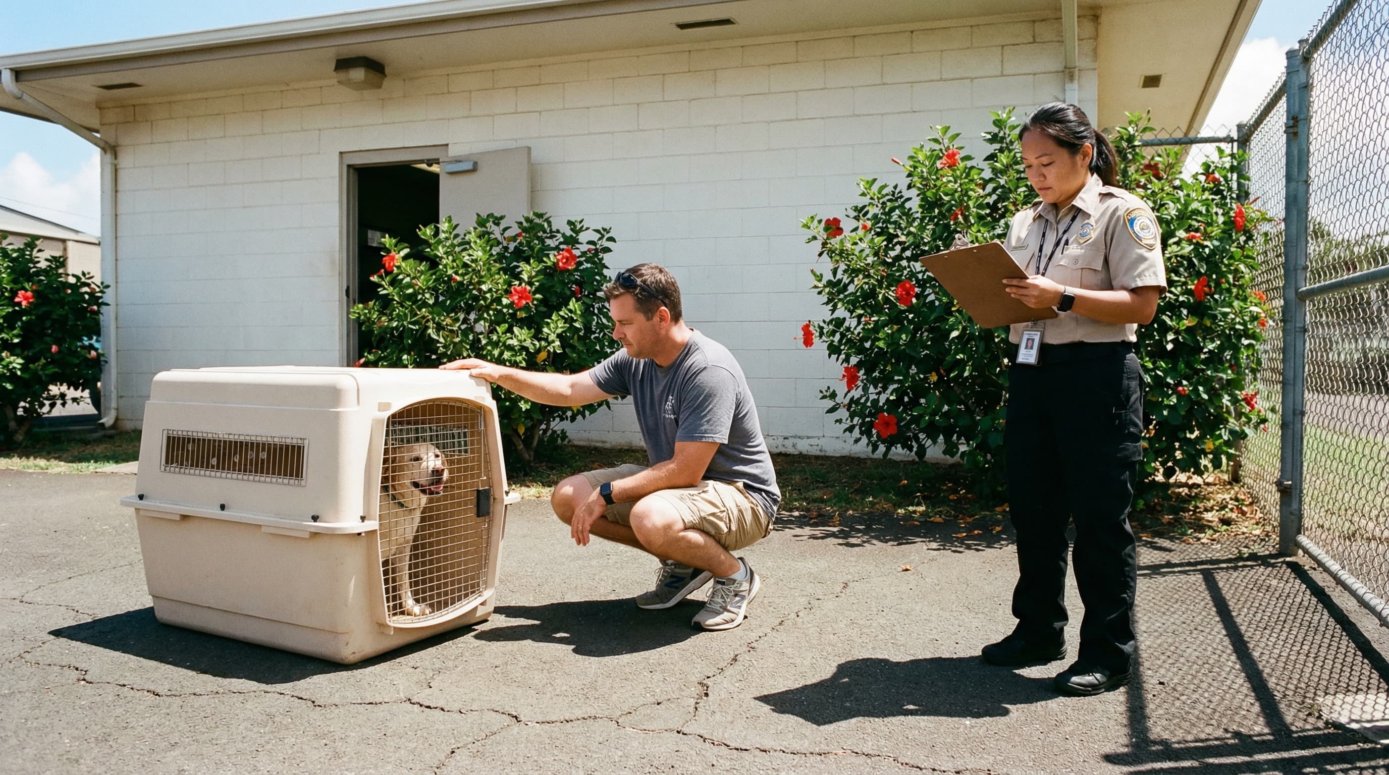 Pet owner greeting a Labrador retriever in a crate at the Hawaii quarantine facility curbside release