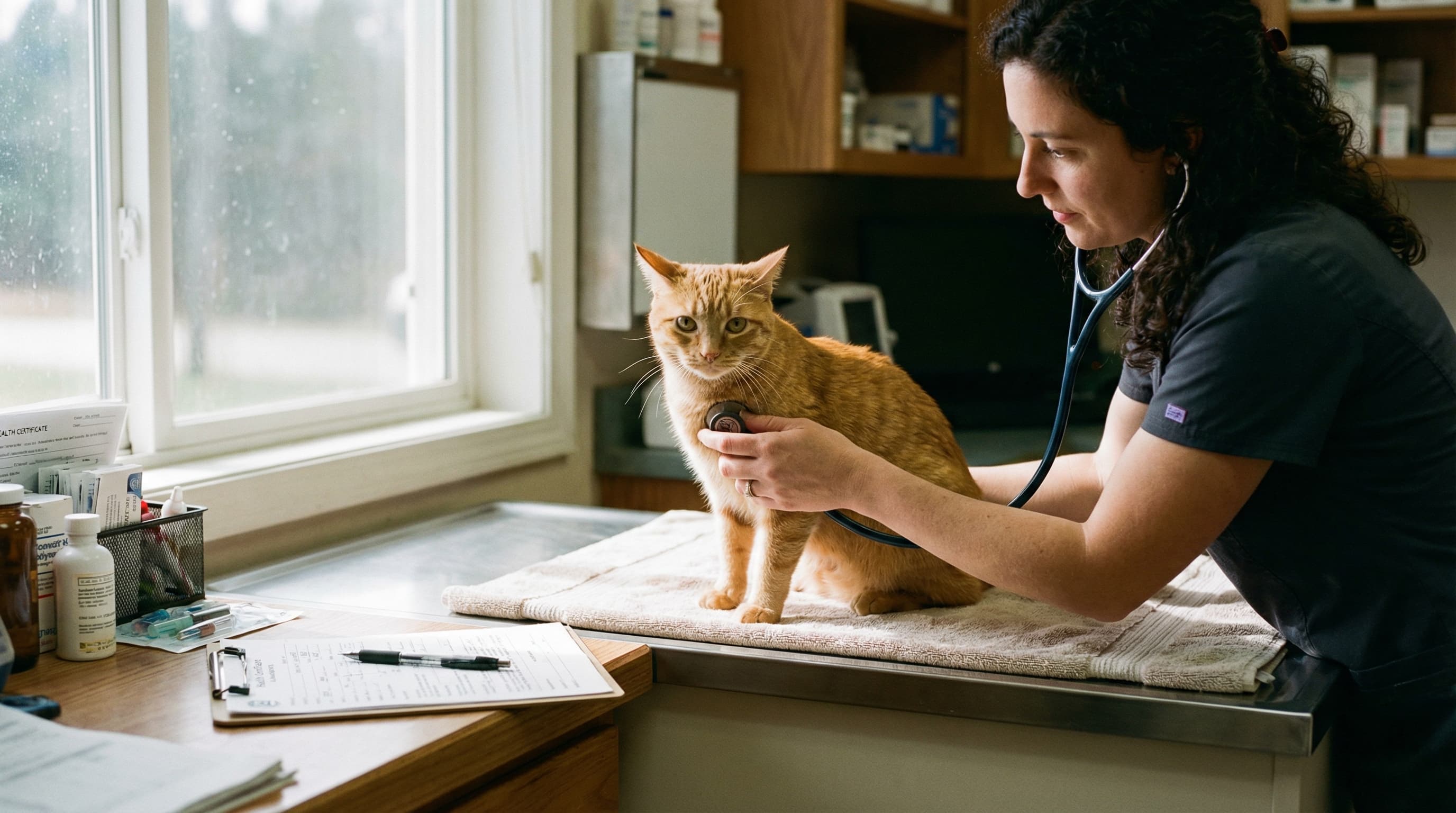 Veterinarian examining an orange tabby cat on an exam table during a health certificate visit