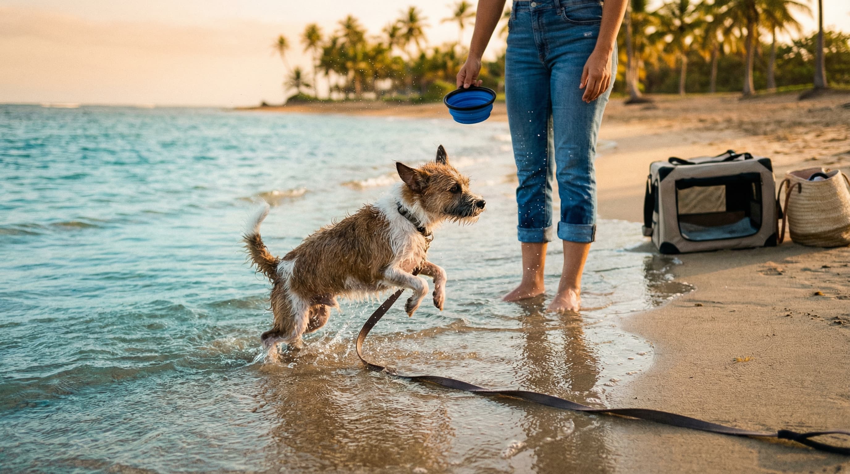 A small mixed-breed dog splashing in shallow turquoise water at a quiet Puerto Rico beach, with palm trees in the background