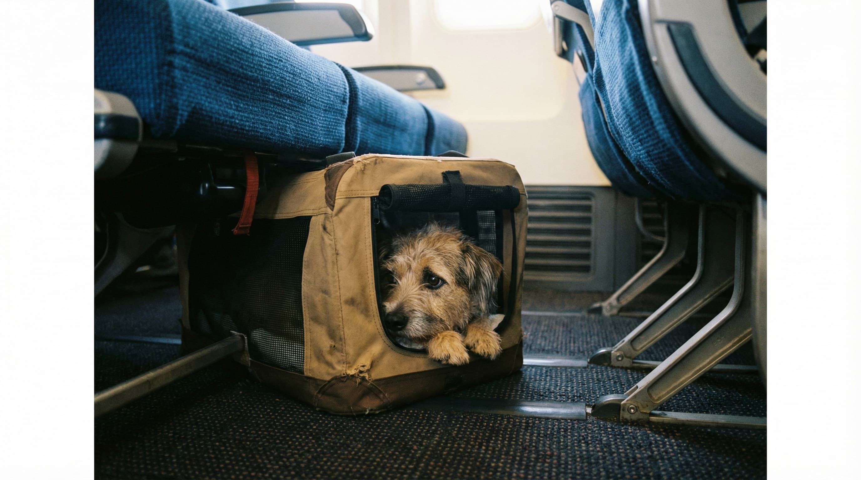 A small mixed-breed dog settled in a soft-sided carrier tucked under an airplane seat, head resting on paws, looking out calmly, economy class cabin interior visible in the background