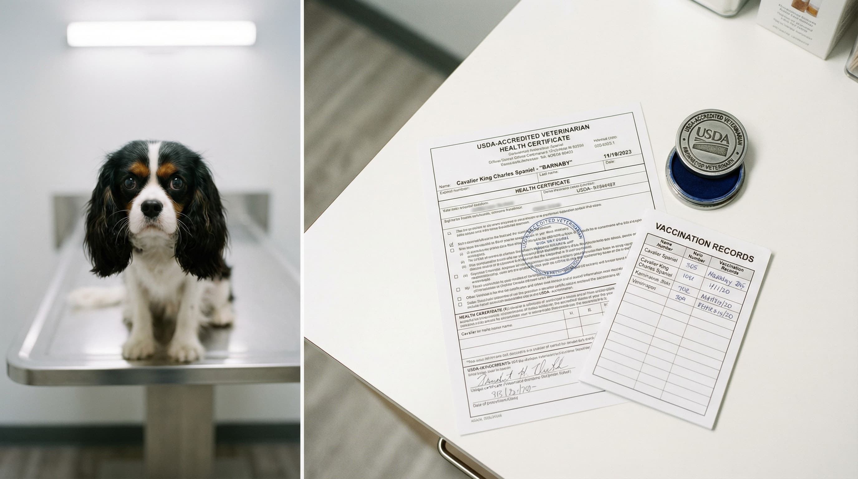 Health certificate and vaccination records laid out on a vet clinic counter beside a USDA-accredited stamp, Cavalier King Charles Spaniel sitting on the exam table in the background