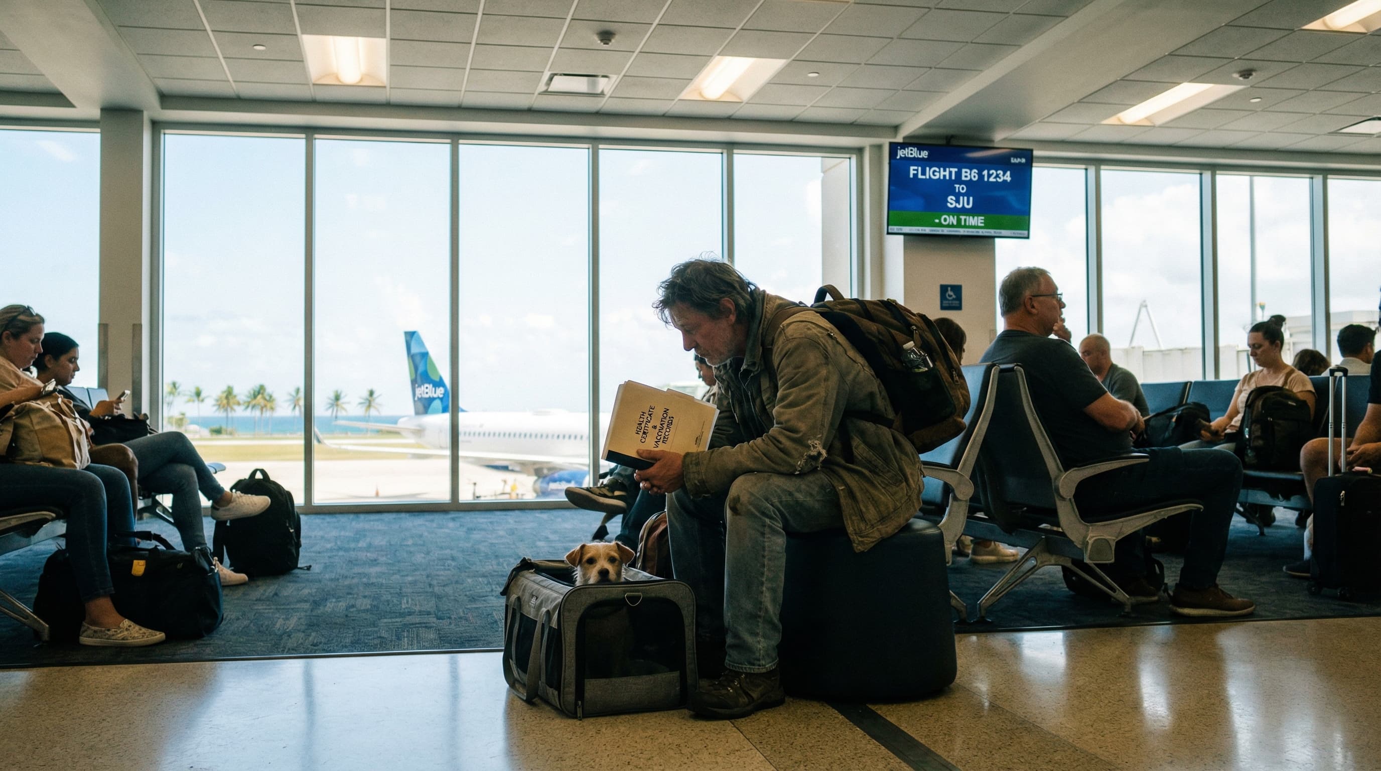 Traveler reviewing documents at an airport gate with a dog in a carrier, SJU flight on the departure board