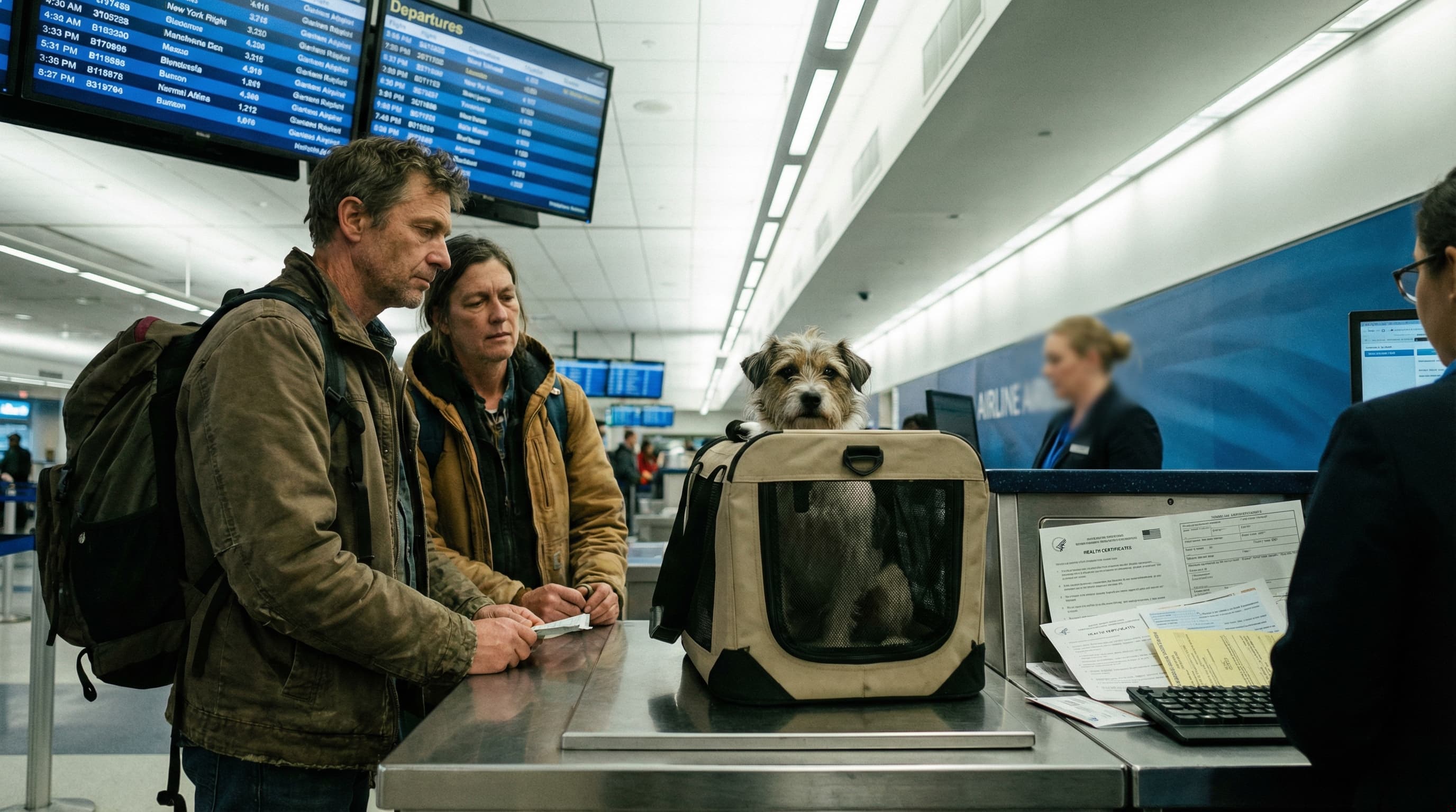 Two travelers with a mixed-breed dog in a soft-sided cabin carrier at a US airport check-in counter, travel documents ready on the counter, departure screens visible overhead