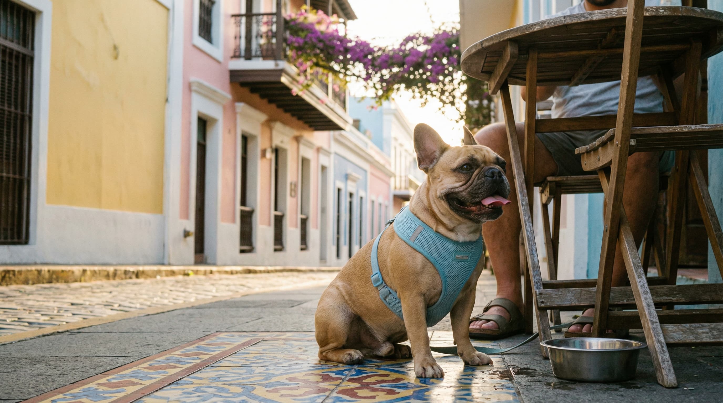 A French bulldog sitting on a colorful tiled sidewalk in Old San Juan beside its owner at an outdoor cafe, with pastel colonial buildings in the background